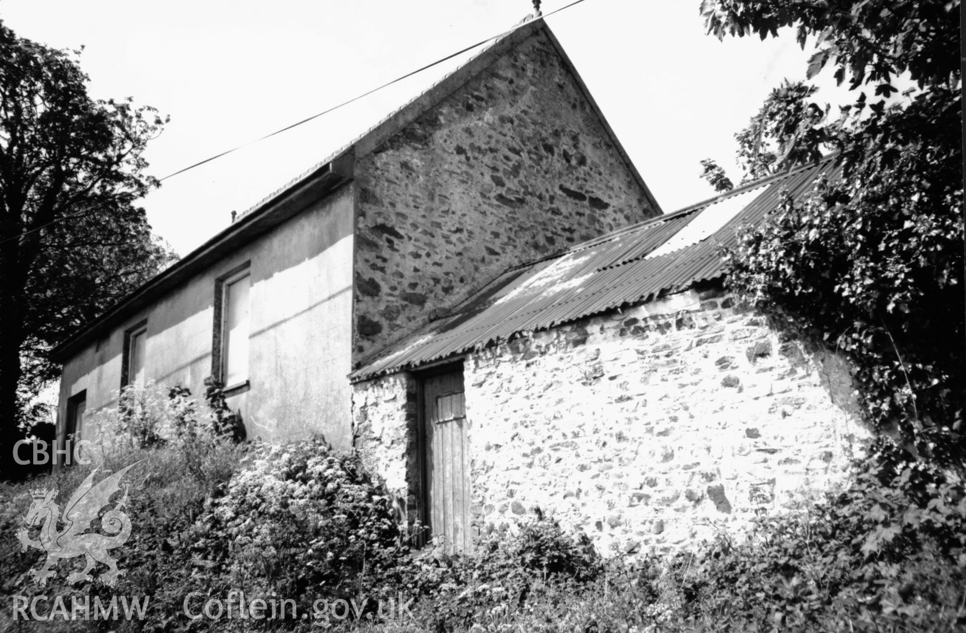 Digital copy of a black and white photograph showing an exterior view of Portfield Wesleyan Methodist Chapel, taken by Robert Scourfield, 1996.