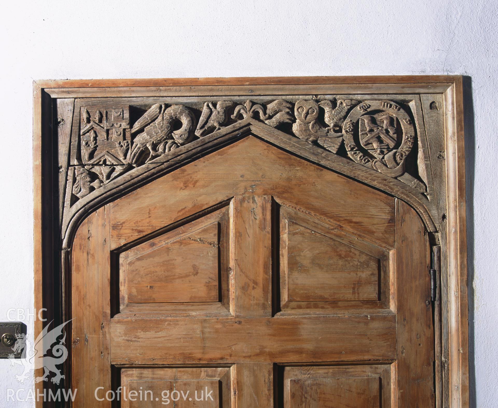 Colour transparency of an interior view showing carved spandrels at Rhydarwen, Llanarthney , produced by Iain Wright, June 2004.