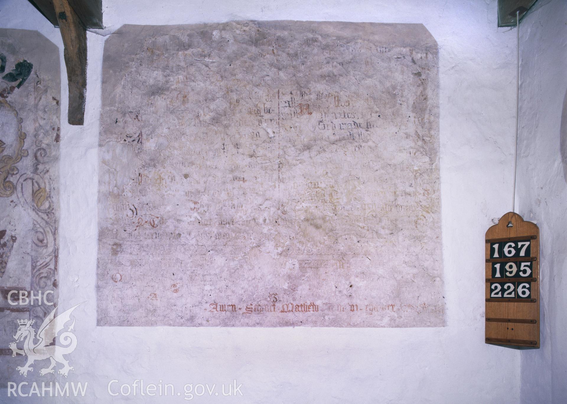 RCAHMW colour transparency showing wallpainting at Eglwys Brewis Church, taken by Iain Wright, 2003