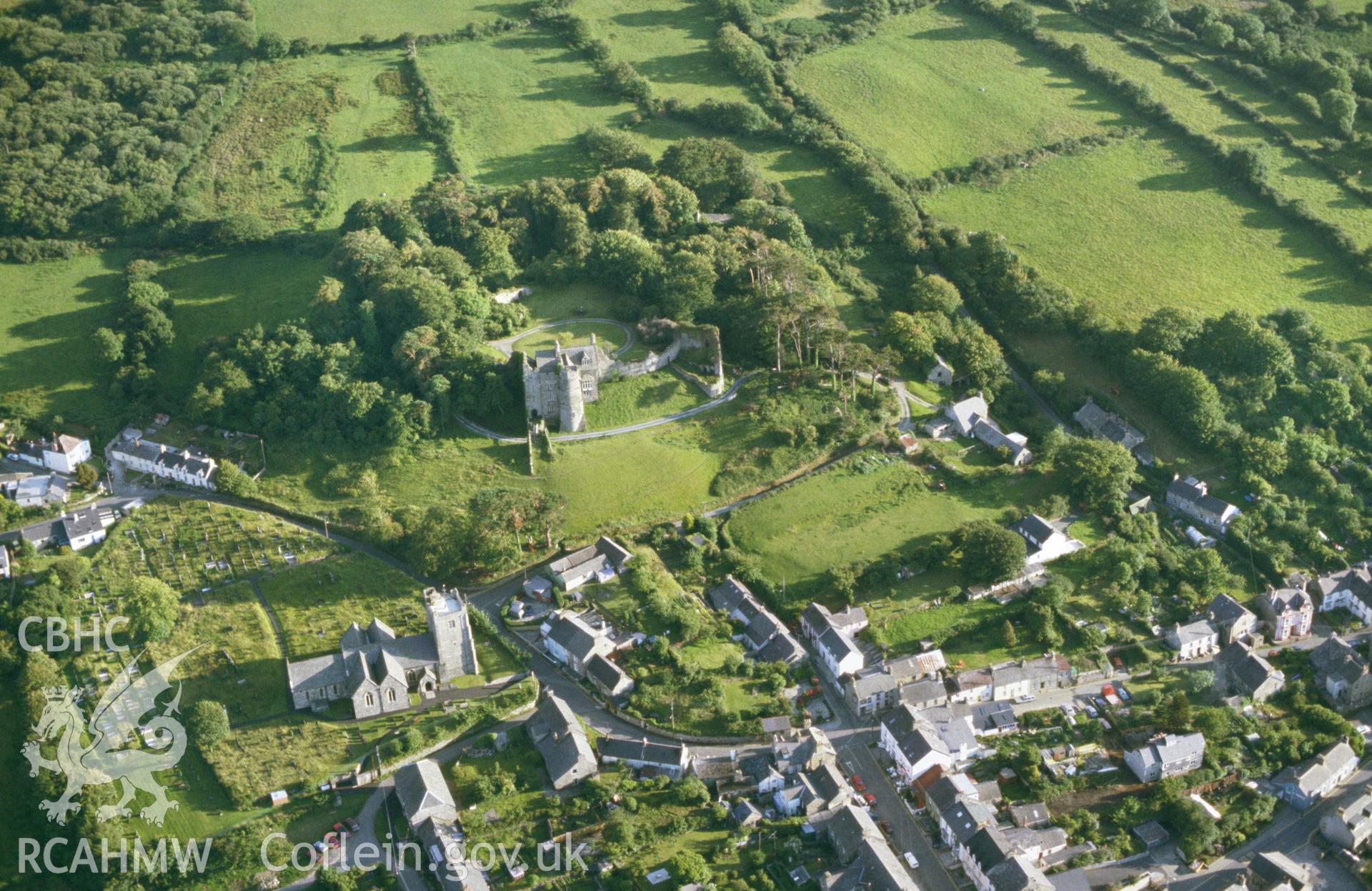 Slide of RCAHMW colour oblique aerial photograph of Newport Castle, taken by C.R. Musson, 20/1/1988.