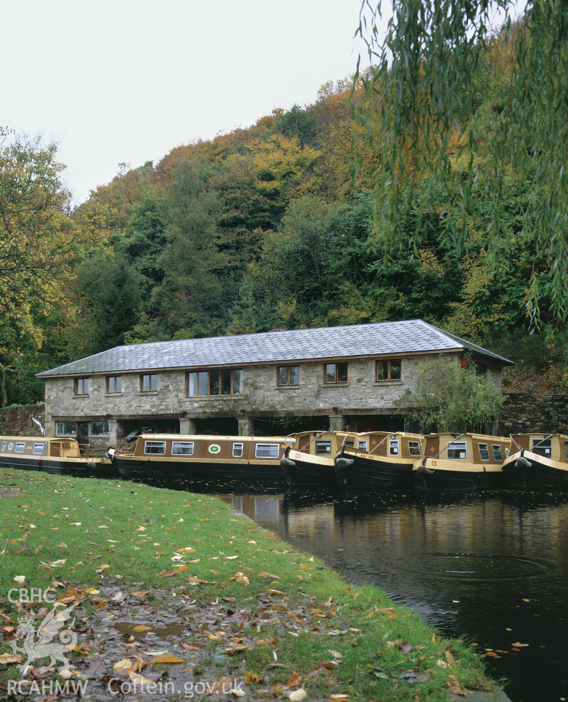 Colour transparency showing a view of the warehouse at Llanfoist, on the Brecon Monmouth Canal, produced by Iain Wright c.1990