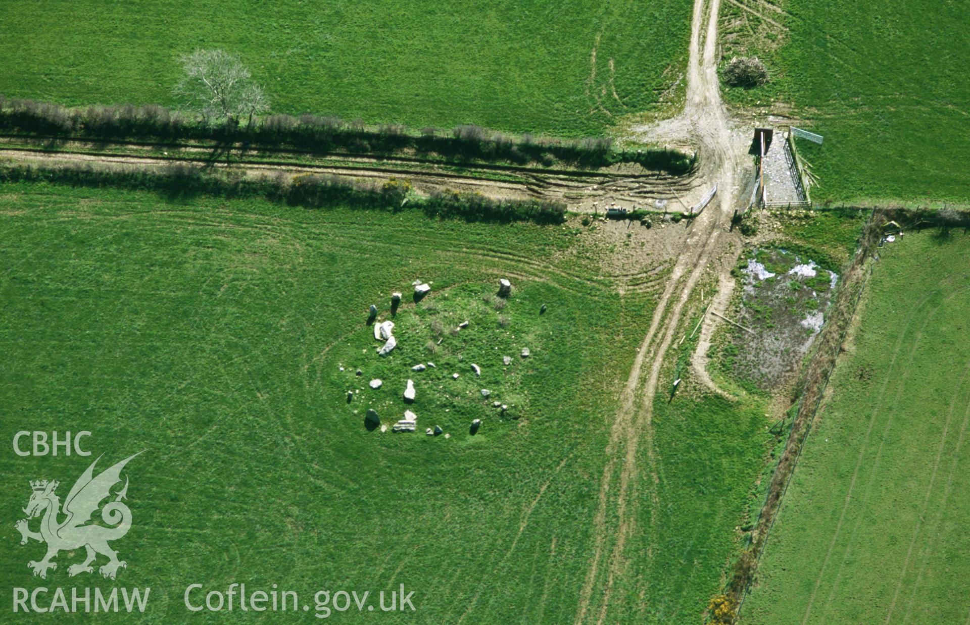 Slide of RCAHMW colour oblique aerial photograph of aerial view of Carn Ochr, taken by Toby Driver, 2002.