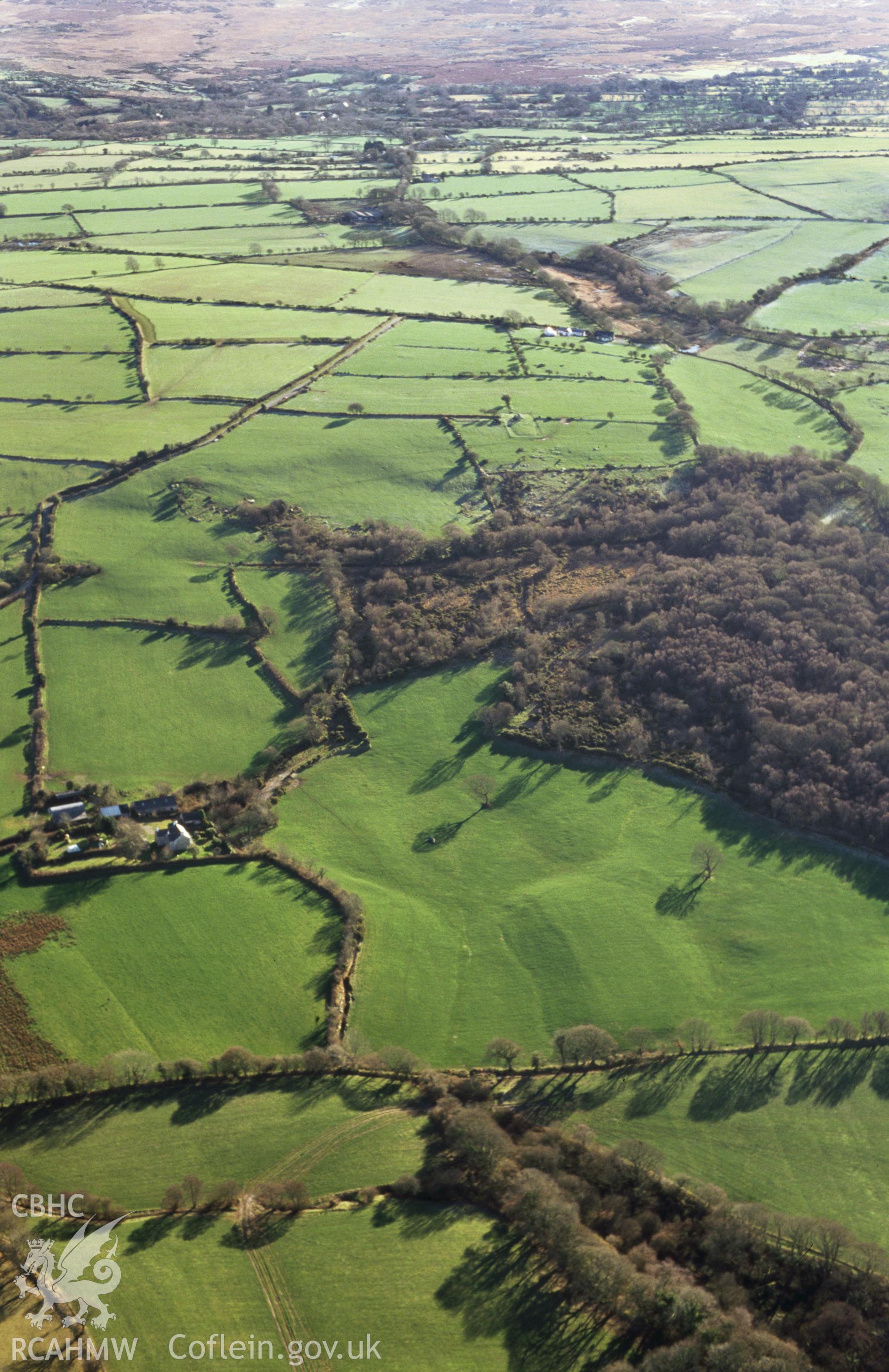 Slide of RCAHMW colour oblique aerial photograph of Pentre Ifan Burial Chamber, taken by Toby Driver, 2004.