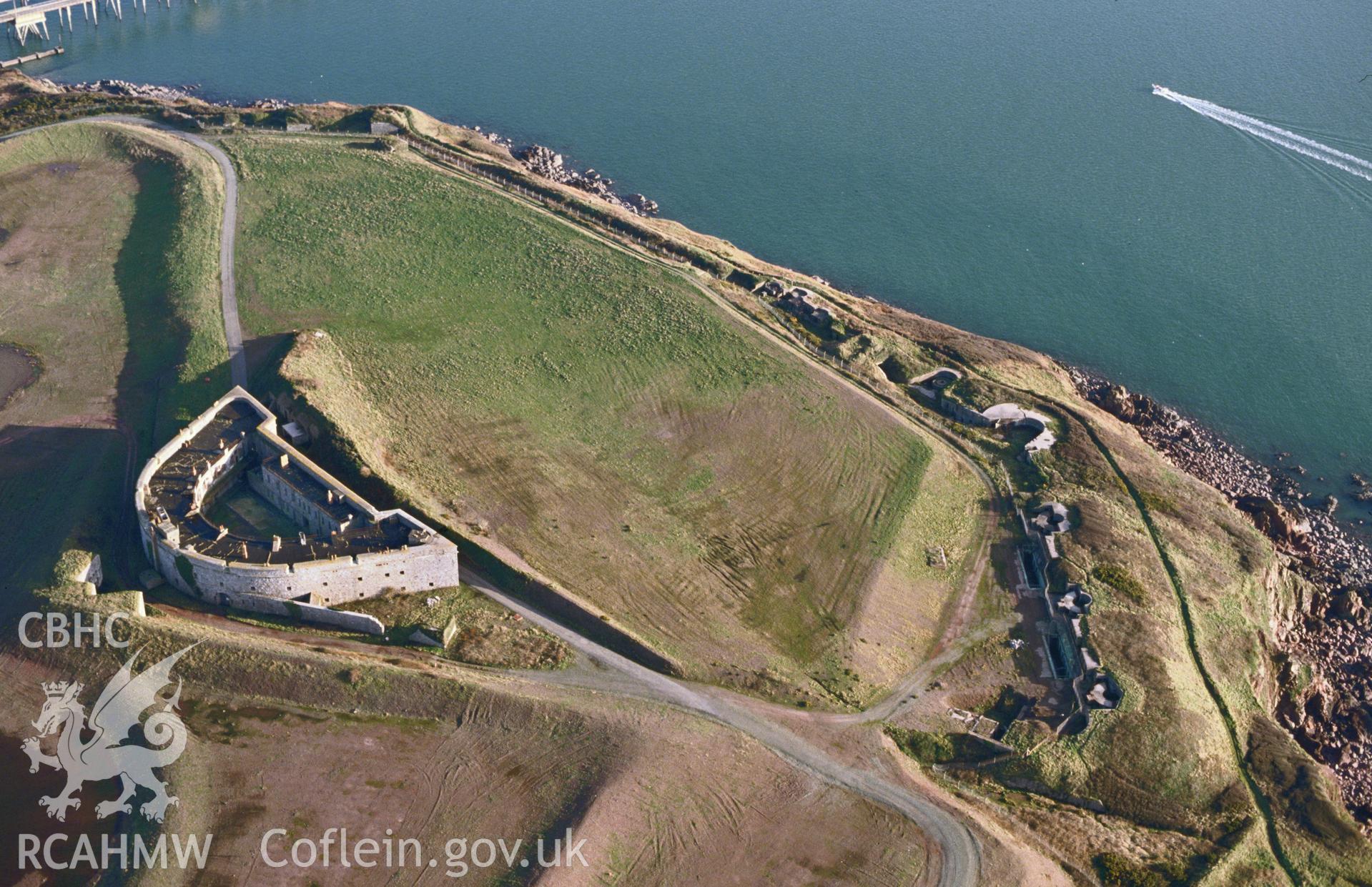 Slide of RCAHMW colour oblique aerial photograph of South Hook Fort, taken by C.R. Musson, 1993.