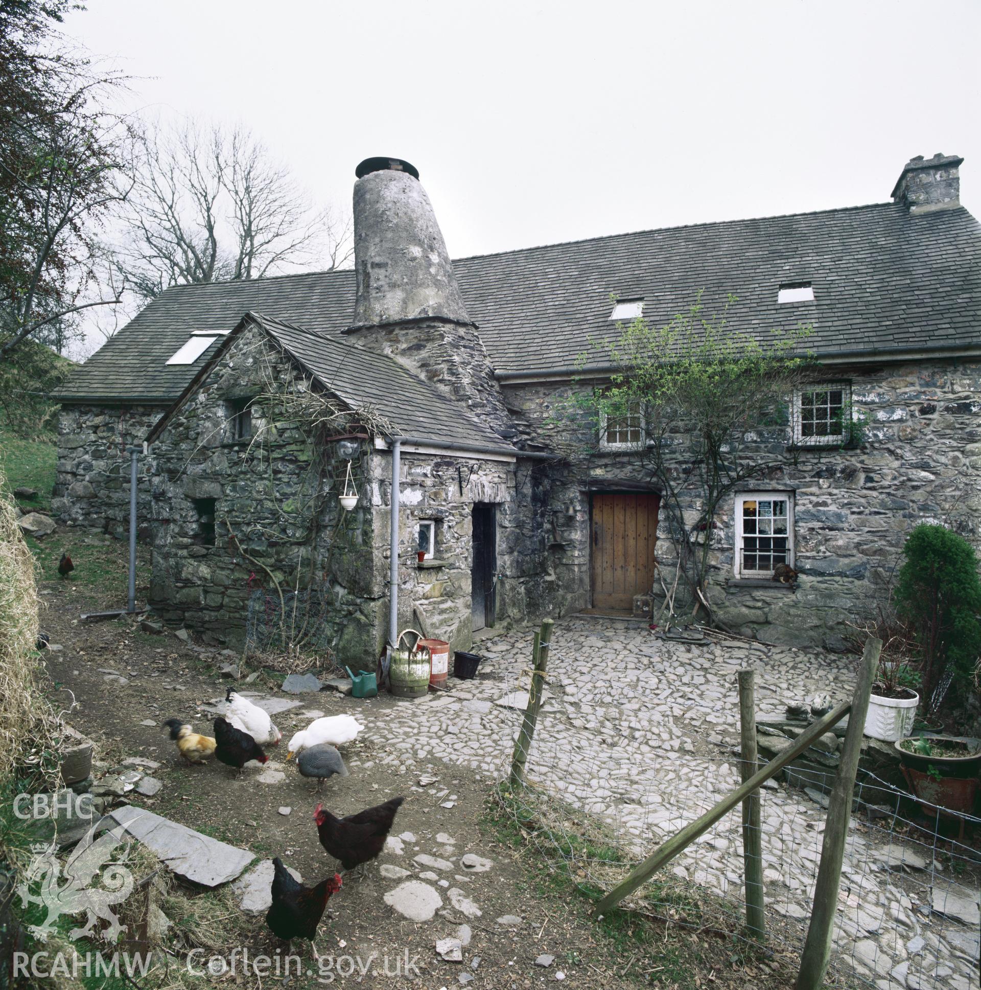 Colour transparency showing a view of Garn Farmhouse, Llanychaer, produced by Fleur James, c.1986.