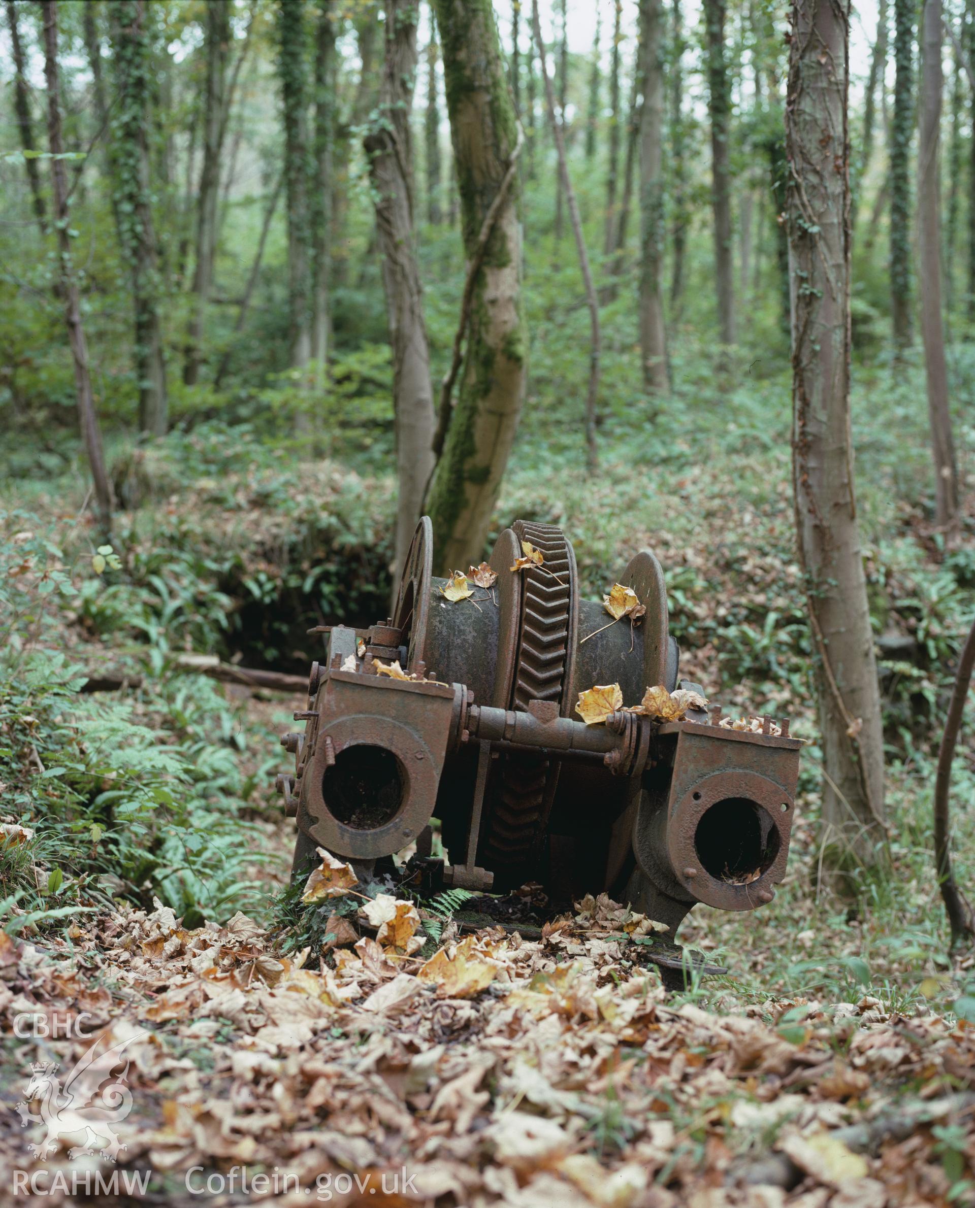 RCAHMW colour transparency showing a disused winding engine in Clyne Wood Colliery, taken by Iain Wright, 1981