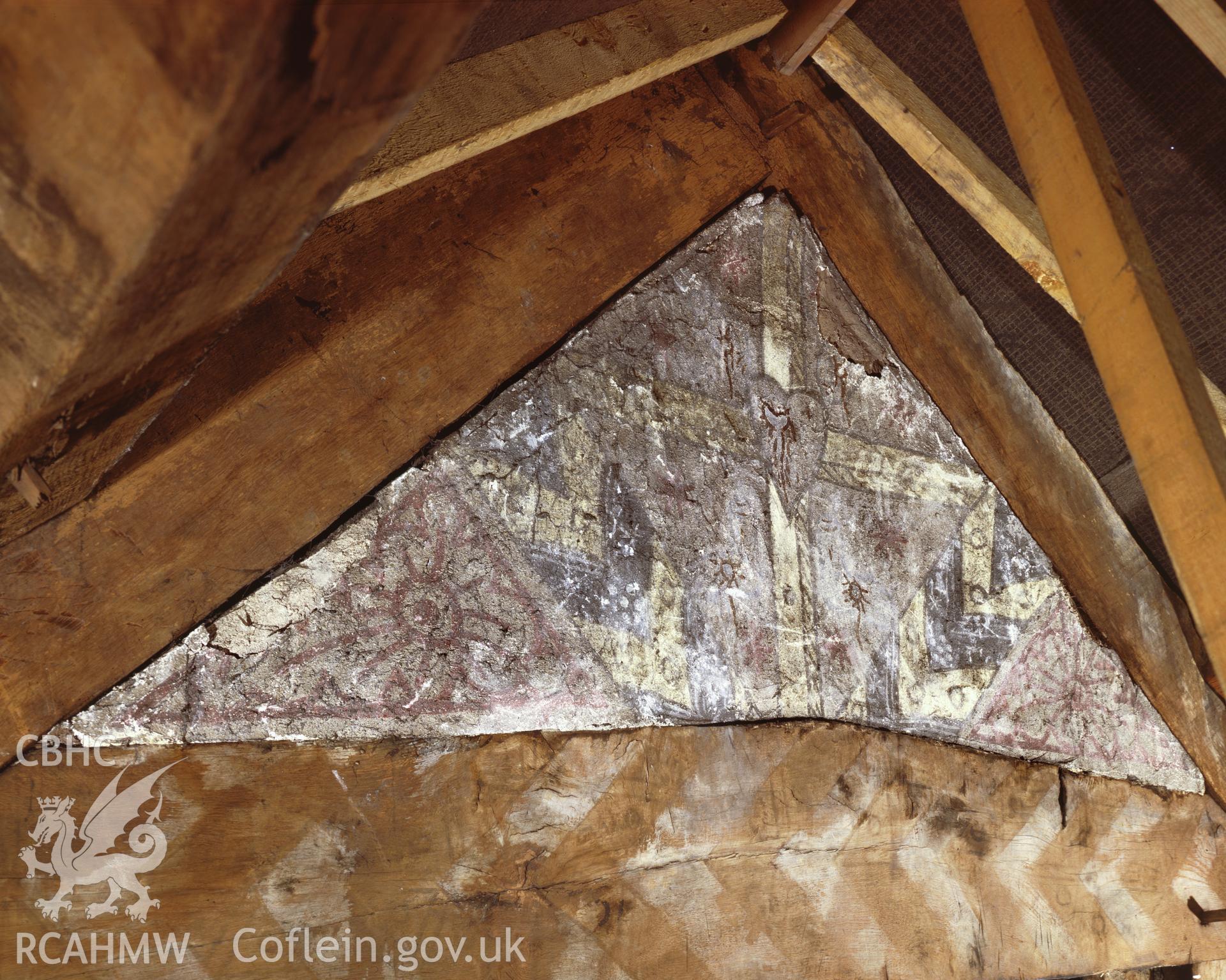 RCAHMW colour transparency showing a view of wall painting in George and Dragon, Beaumaris.