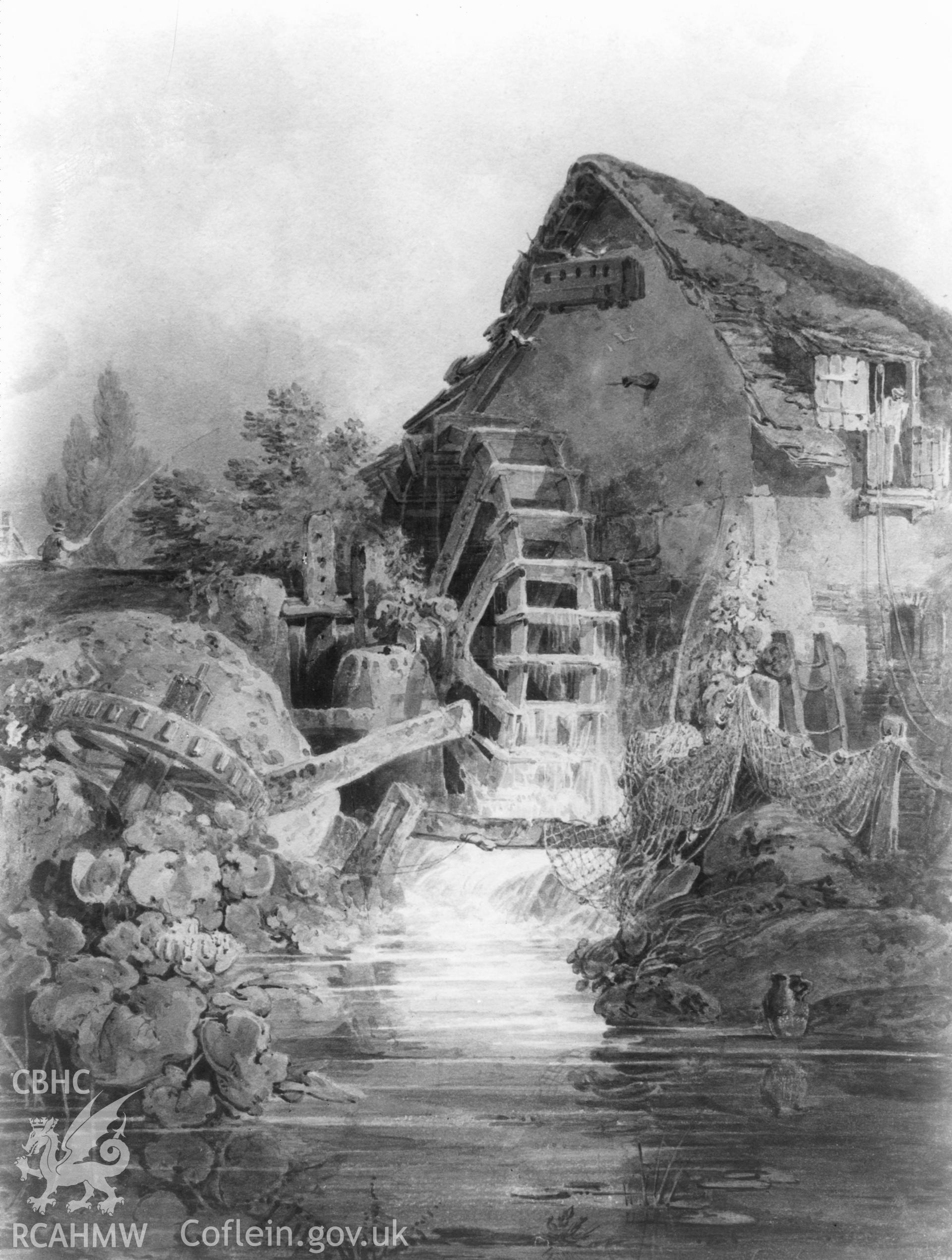 A black and white photographic print by National Library of Wales, of a watercolour by J.M.W. Turner, of the Old Marford Mill.