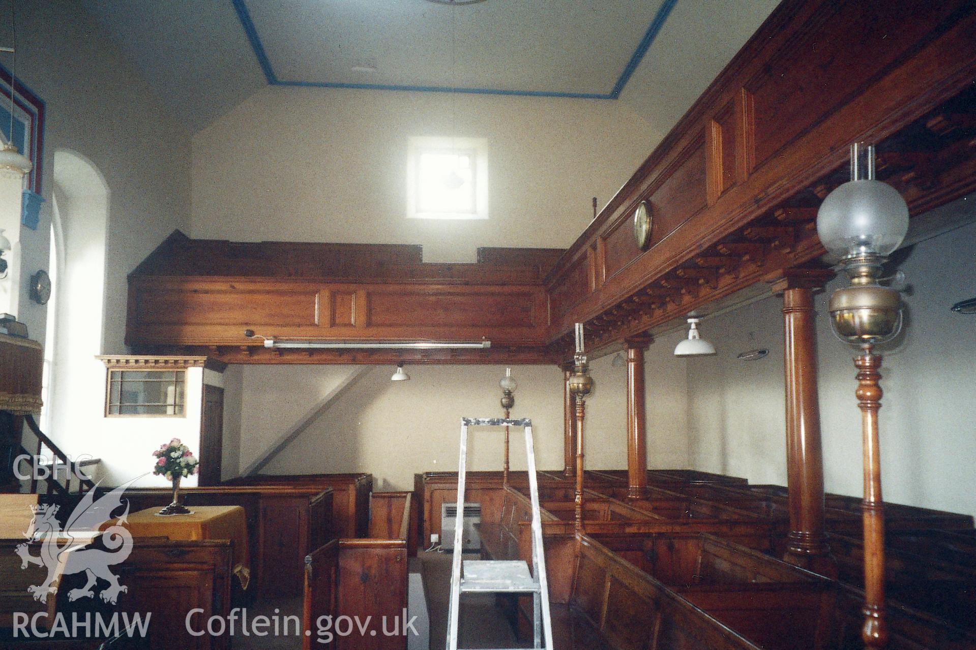 Digital copy of a colour photograph showing an interior view of Bethel Independent Chapel, Freystrop,  taken by Robert Scourfield, 1995.