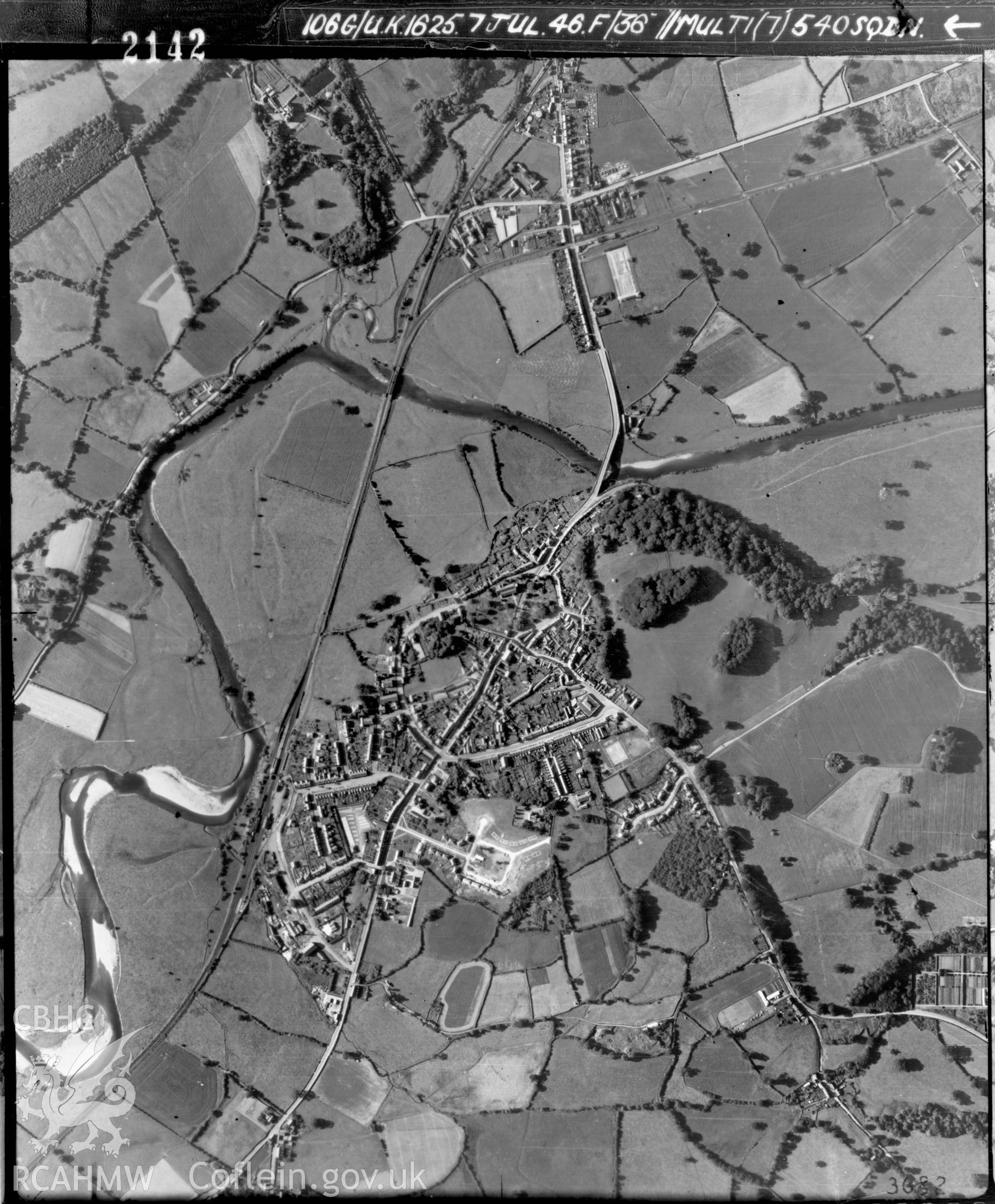 Black and white vertical aerial photograph taken by the RAF on 07/07/1946 centred on SN63082228 at a scale of 1:10000. The photograph includes part of Llandeilo community in Carmarthenshire.