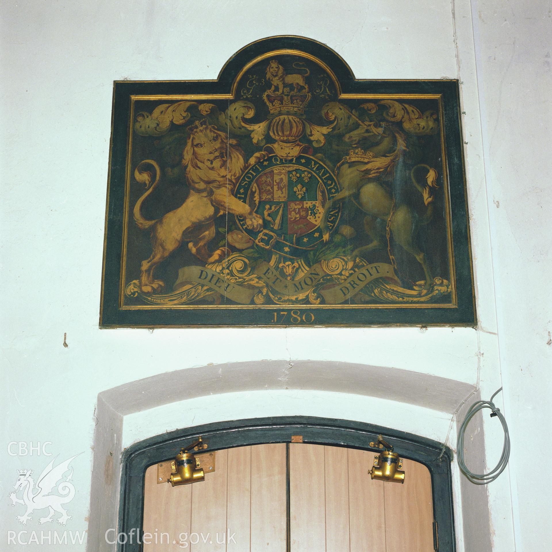 RCAHMW colour transparency showing a wall-mounted armorial panel at Ruabon Church, taken by I.N. Wright, 2003