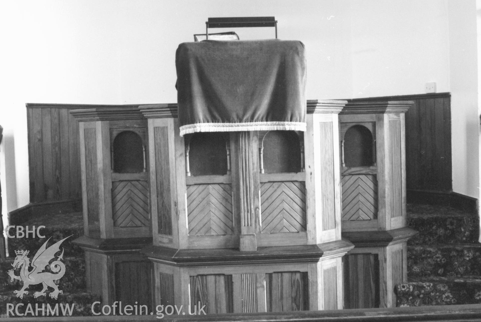 Digital copy of a black and white photograph showing an interior view of Sardis Baptist Chapel, Houghton, taken by Robert Scourfield, 1996.