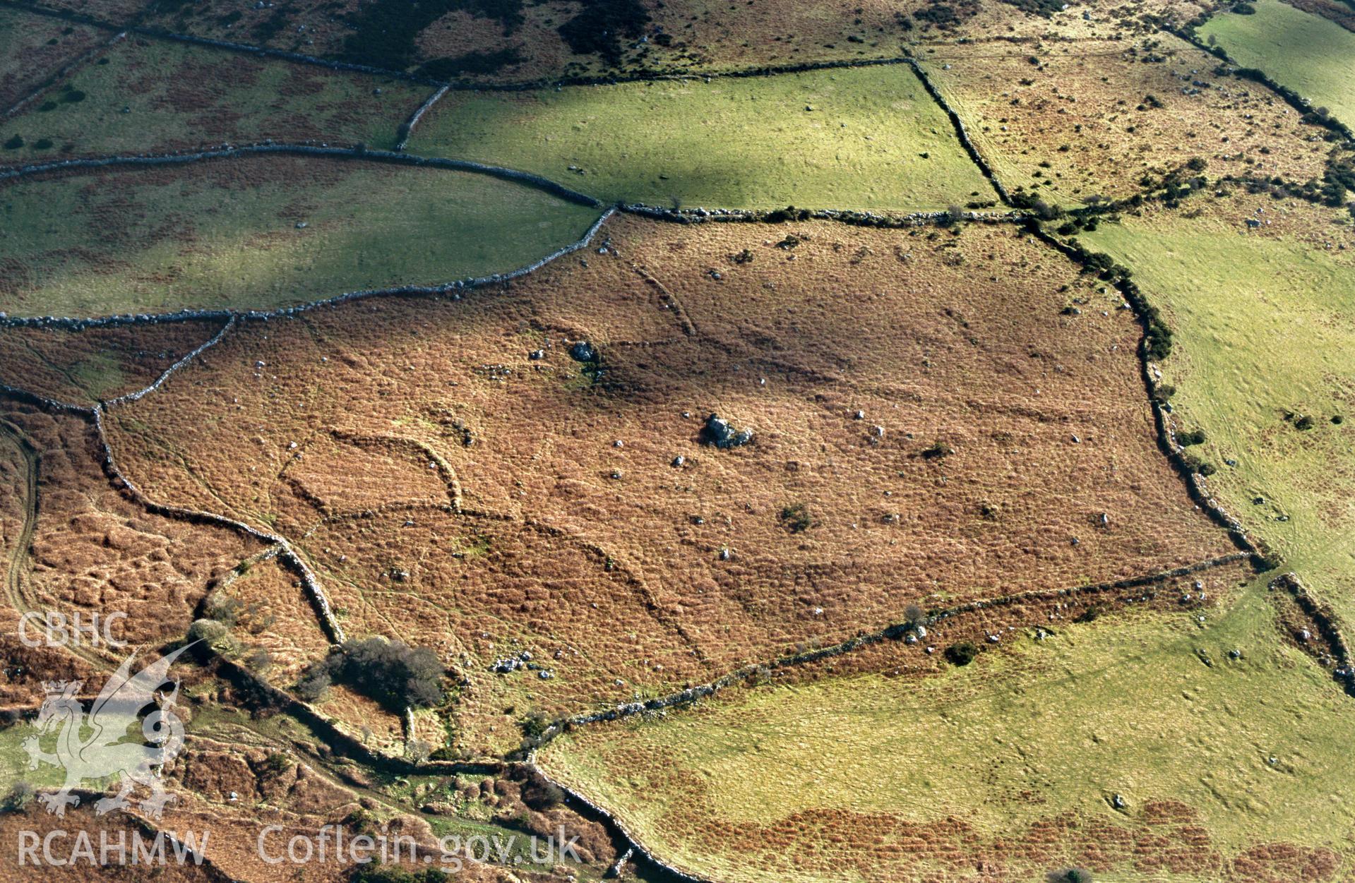 RCAHMW colour slide oblique aerial photograph of field system at Mynydd Dinas, Dinas Cross, taken by C.R.Musson on the 27/02/1996