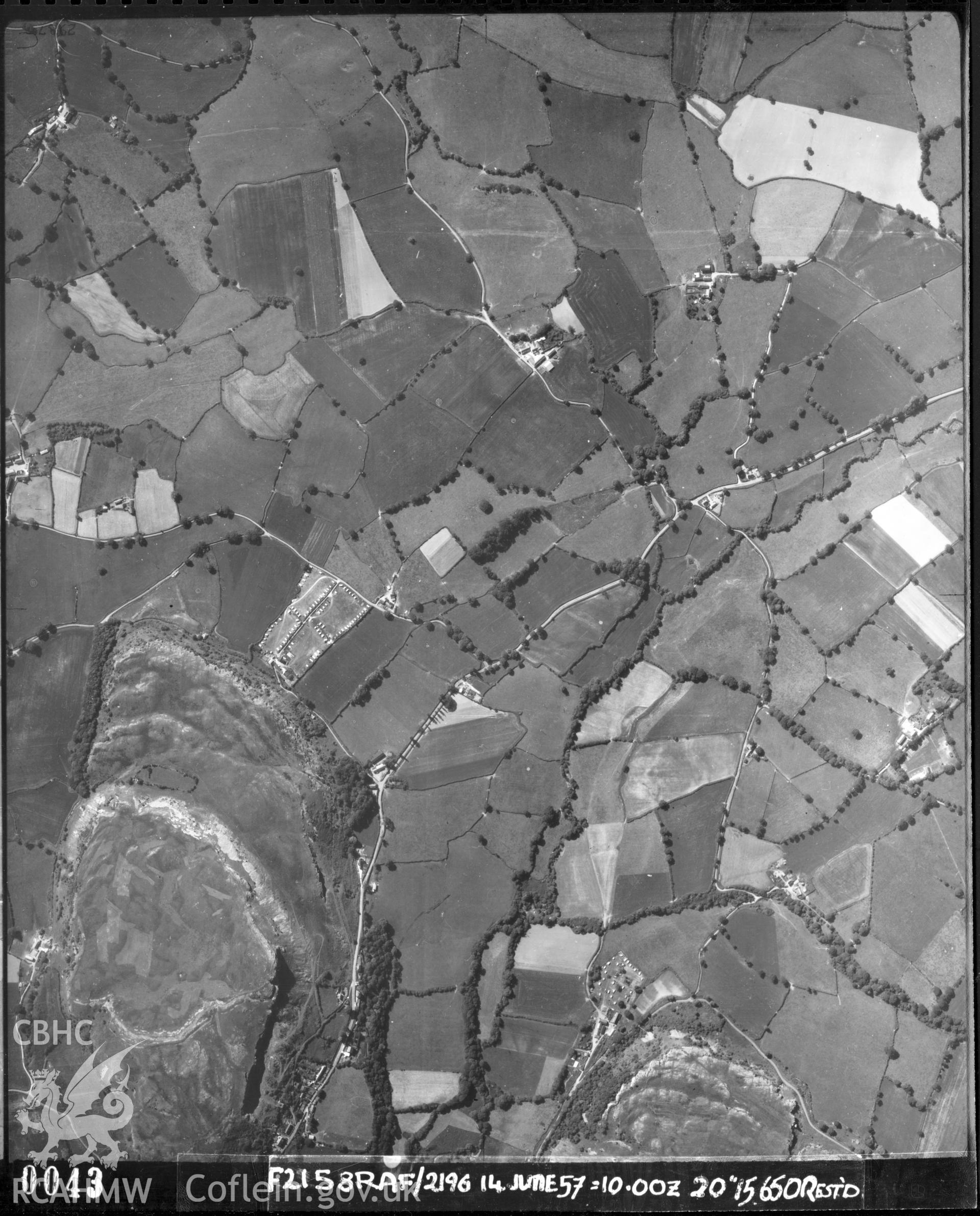 Black and white vertical aerial photograph, taken by the RAF, of Bryn Ffanigl Ganol and surrounding area, Betws yn Rhos, 1957.