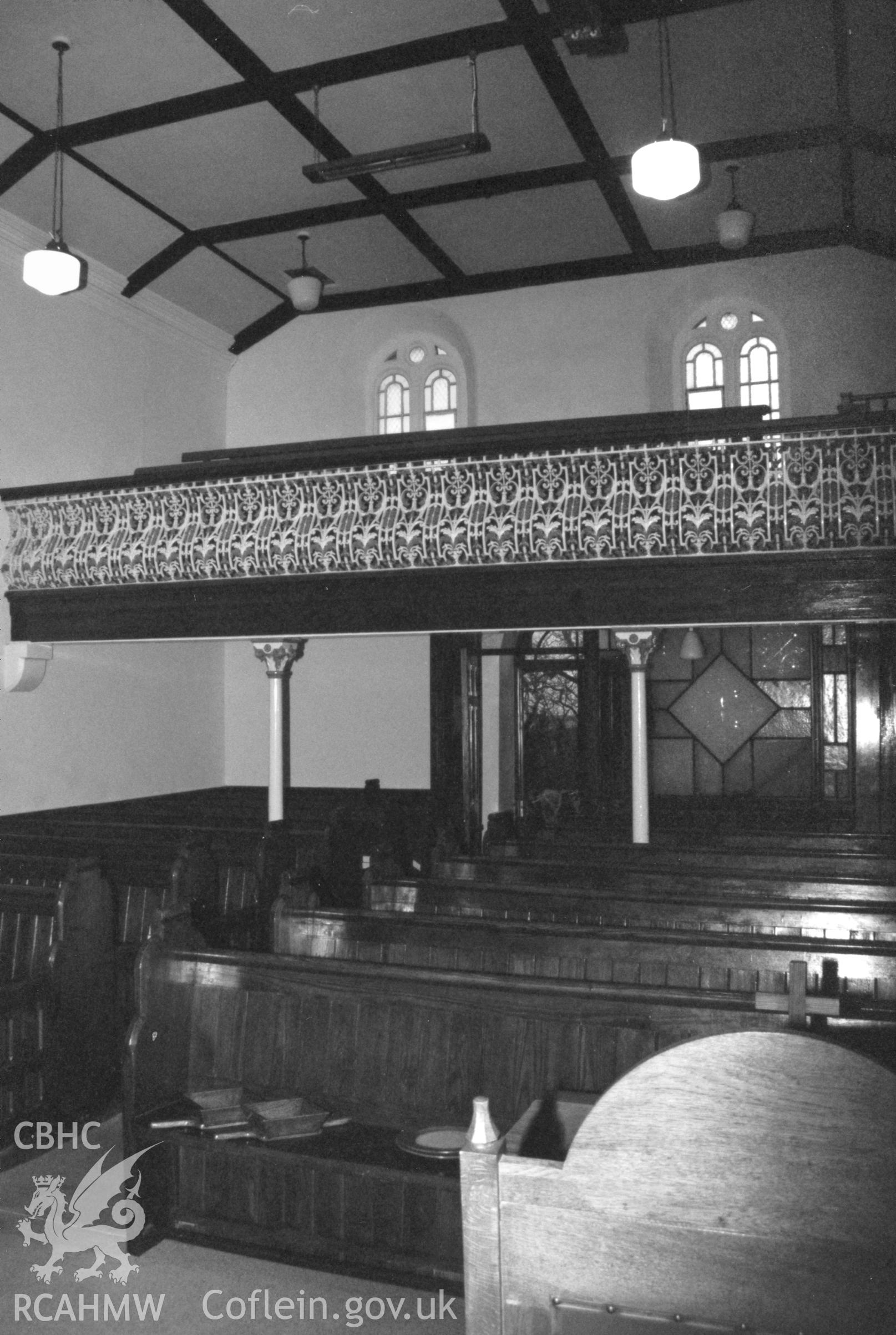 Digital copy of a black and white photograph showing interior view of Keystone Independent Chapel, Camrose, taken by Robert Scourfield, 1996.