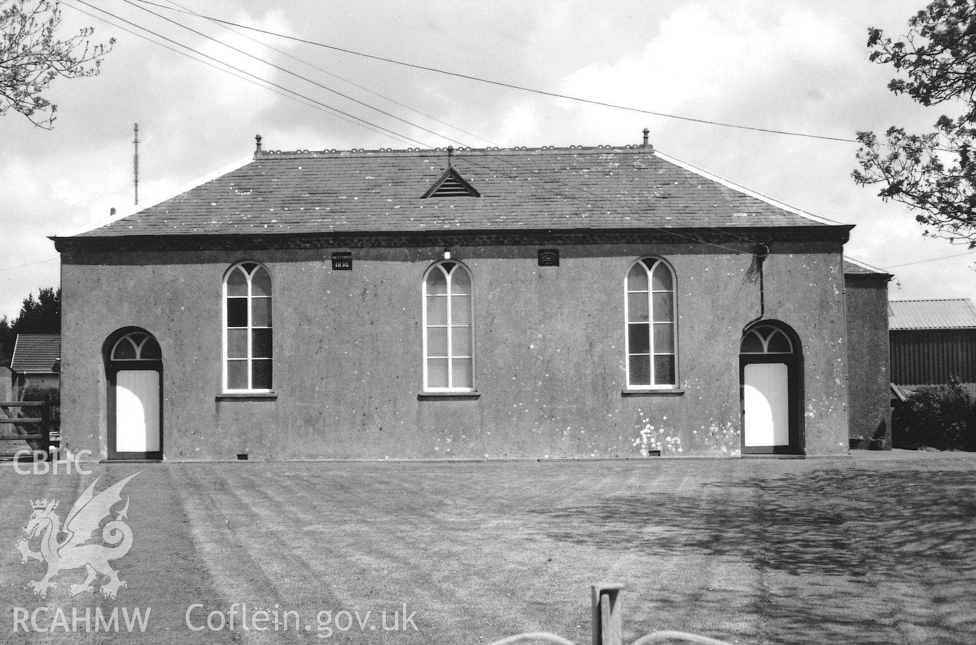 Digital copy of a black and white photograph showing a general view of Woodstock Calvinistic Methodist Chapel. Ambleston, taken by Robert Scourfield, 1995.