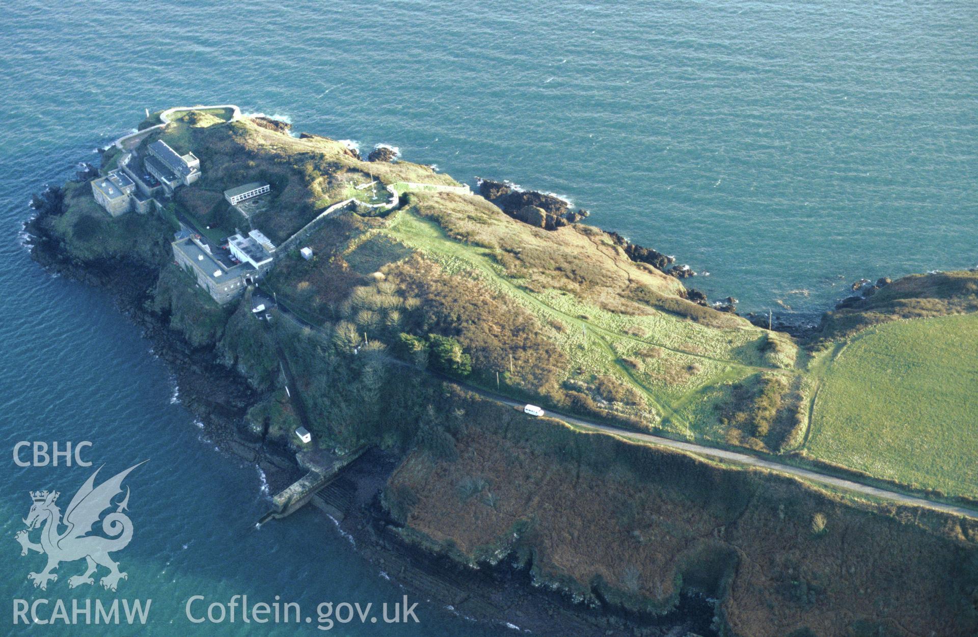 RCAHMW colour slide oblique aerial photograph of Dale Point Promontory Fort, Dale, taken by C.R.Musson on the 27/02/1996