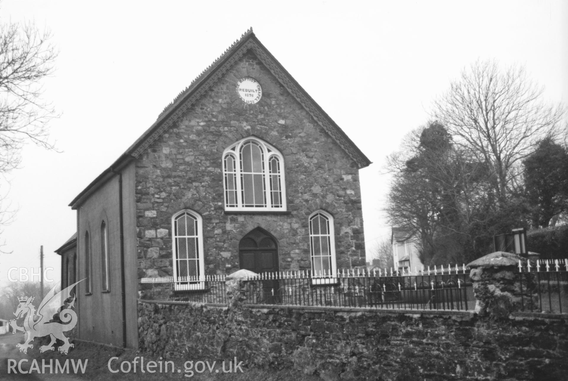 Digital copy of a black and white photograph showing an exterior view of Lebanon Baptist Chapel, Camrose, taken by Robert Scourfield, 1996.