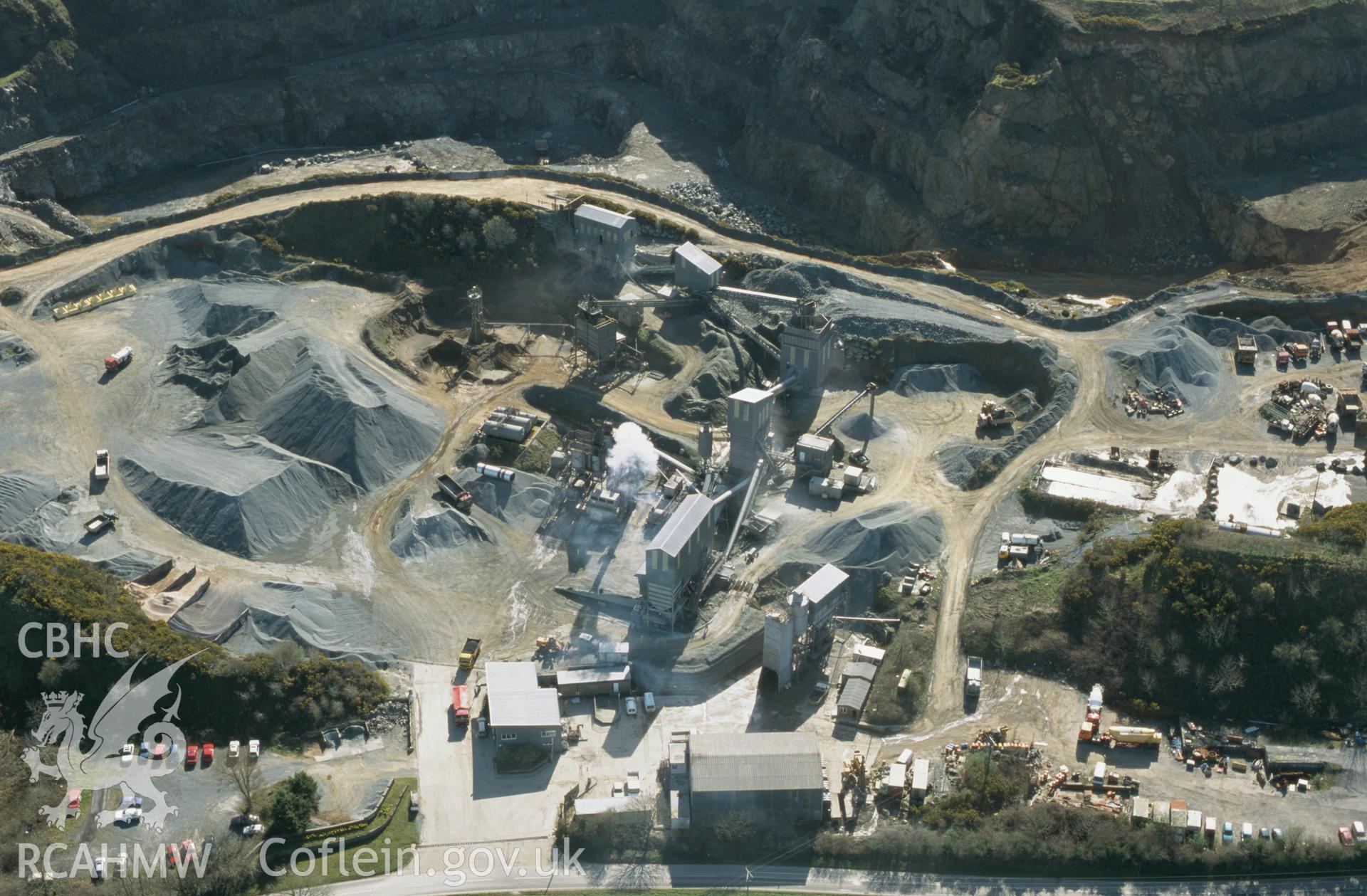 Slide of RCAHMW colour oblique aerial photograph of aerial view of Tiers Cross Quarry, taken by Toby Driver, 2002.