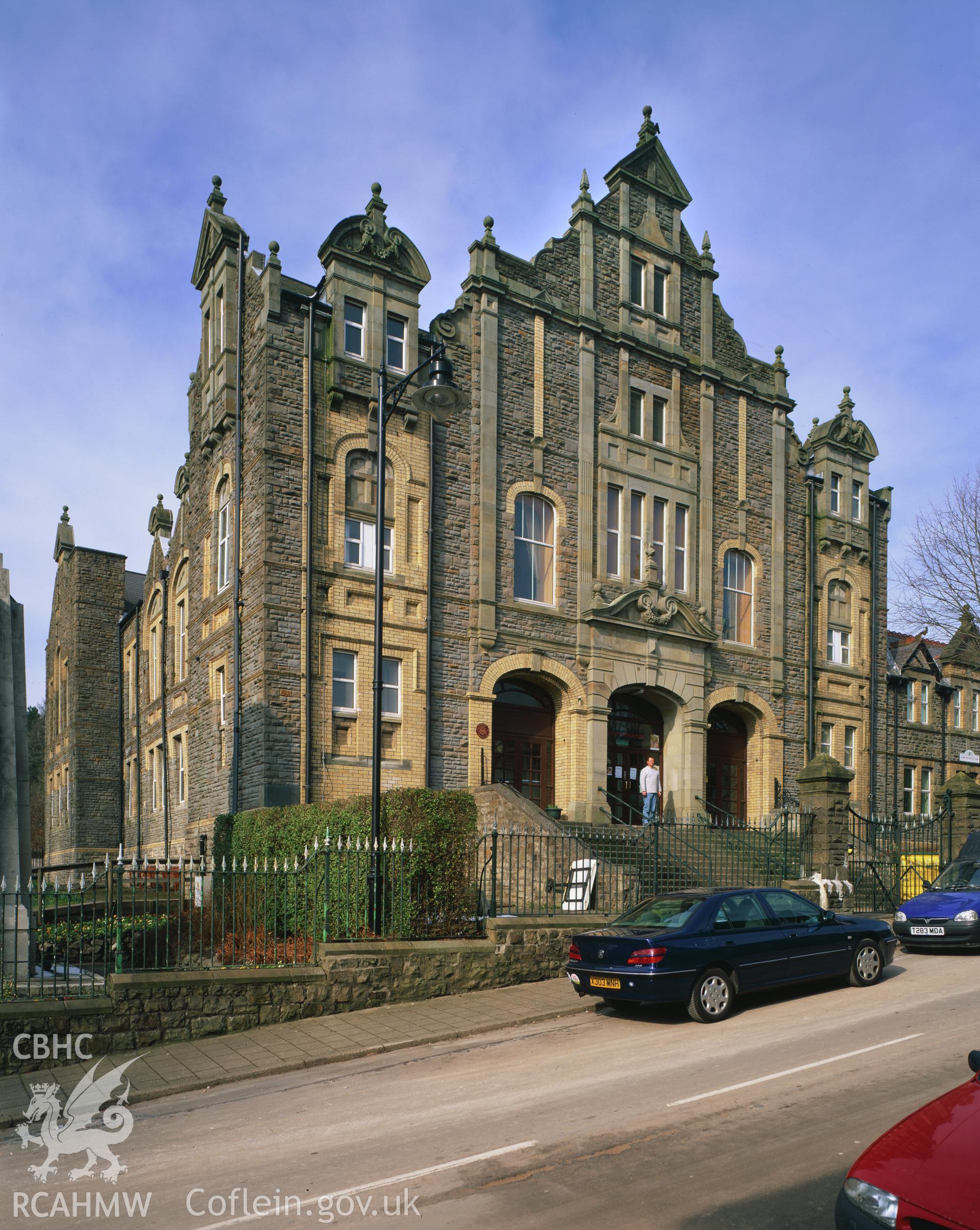 RCAHMW colour transparency showing exterior view of the Workingmens Institute, Blaenavon.