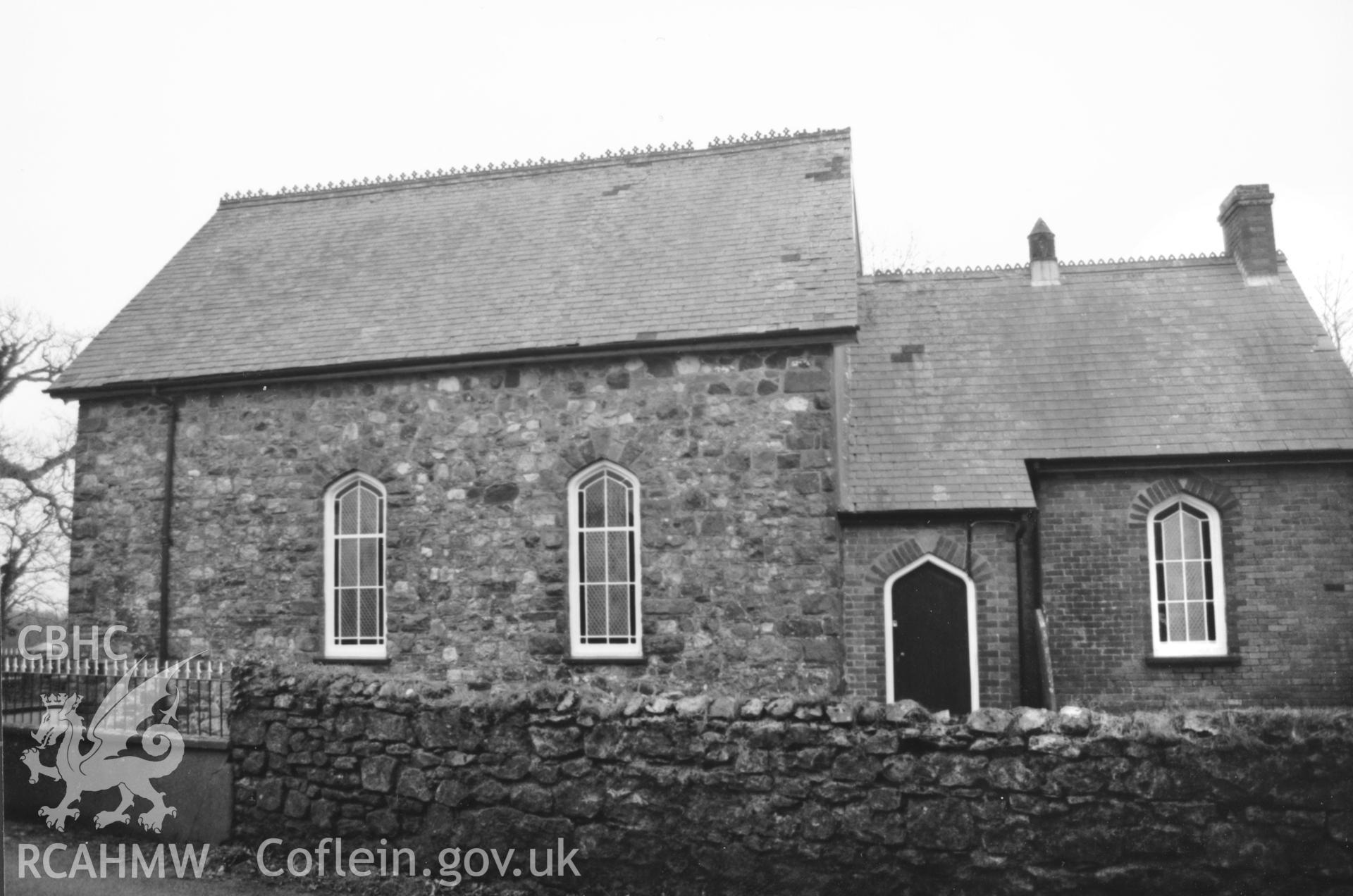 Digital copy of a black and white photograph showing an exterior view of Lebanon Baptist Chapel, Camrose, taken by Robert Scourfield, 1996.