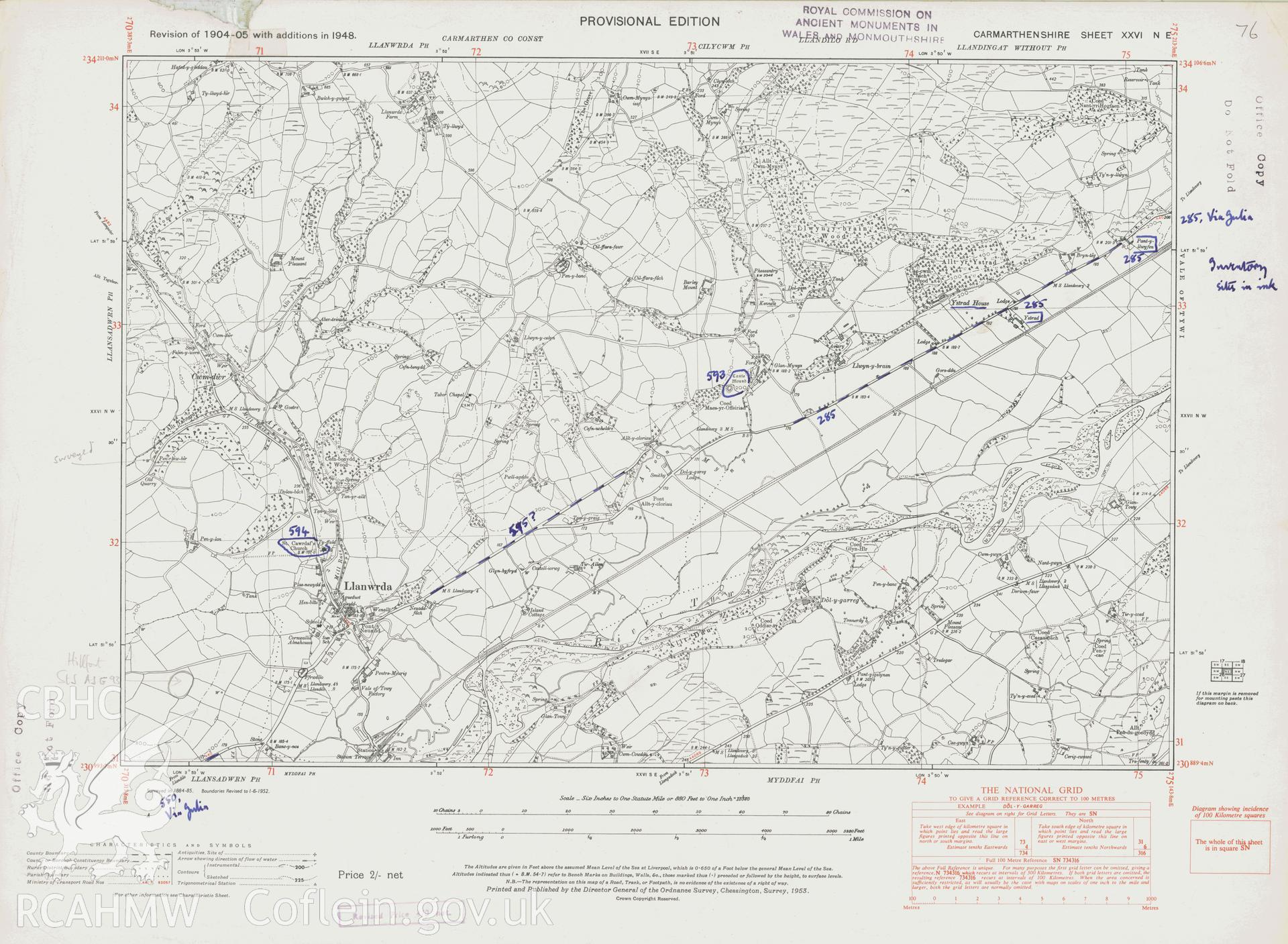 Digital copy of an Ordnance Survey part Provisional Edition of 1904-5 with additions in 1948, of Llanwrda area