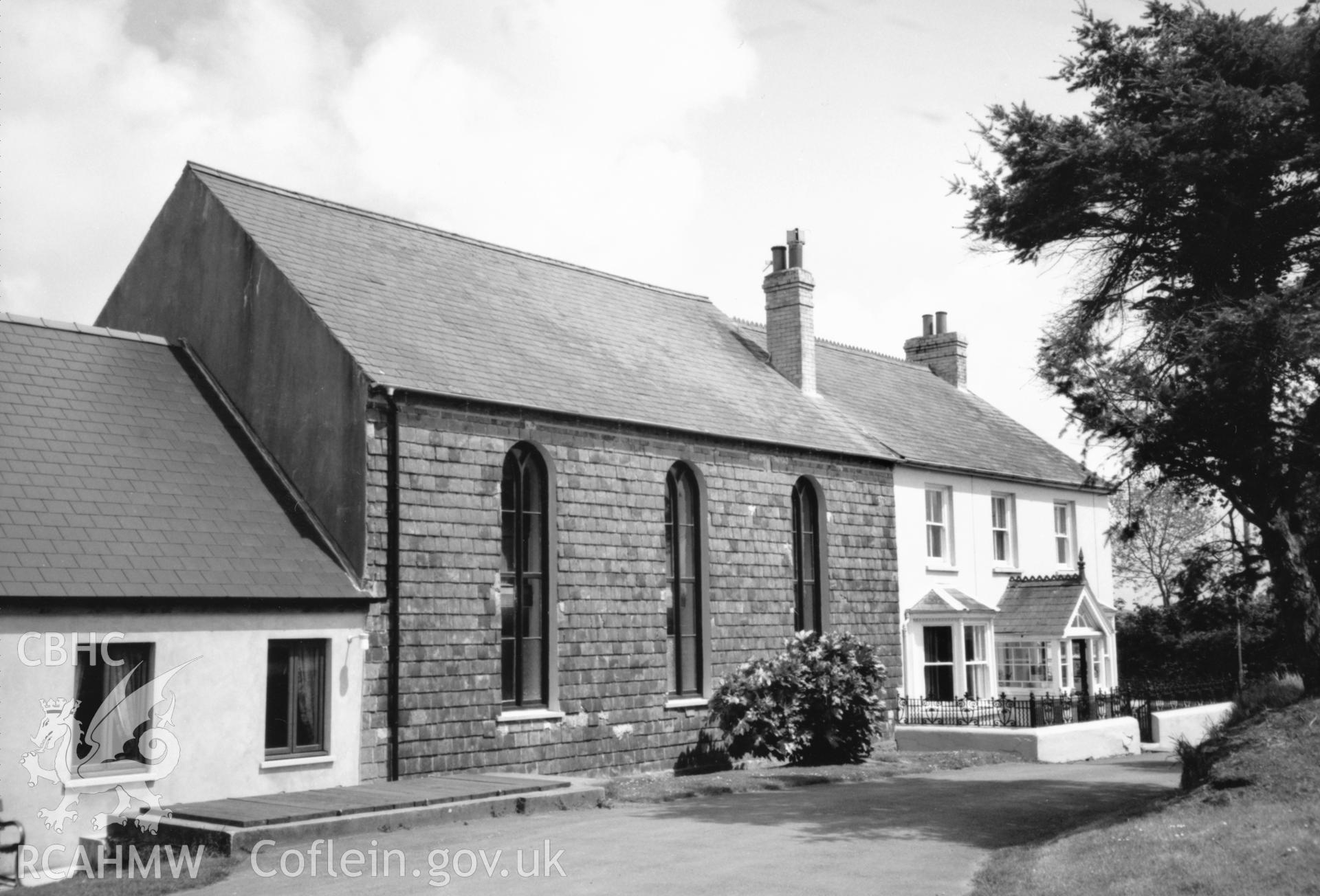 Digital copy of a black and white photograph showing an exterior view of the Bethlehem English Baptist Chapel, Spittal, taken by Robert Scourfield, 1996.