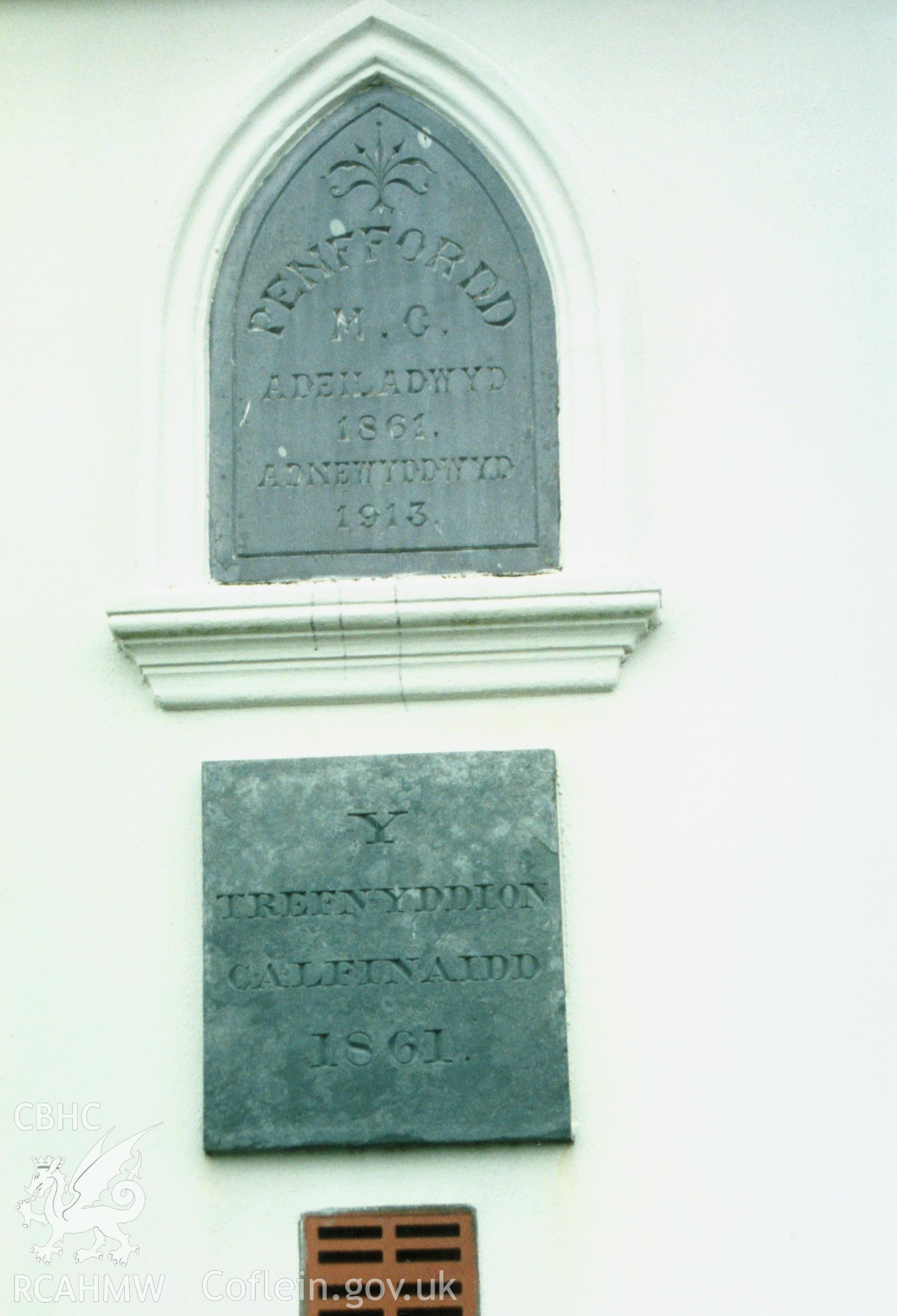 Digital copy of a colour photograph showing datestone at Penffordd Calvinistic Methodist Chapel, Bletherston, taken by Robert Scourfield, 1996.