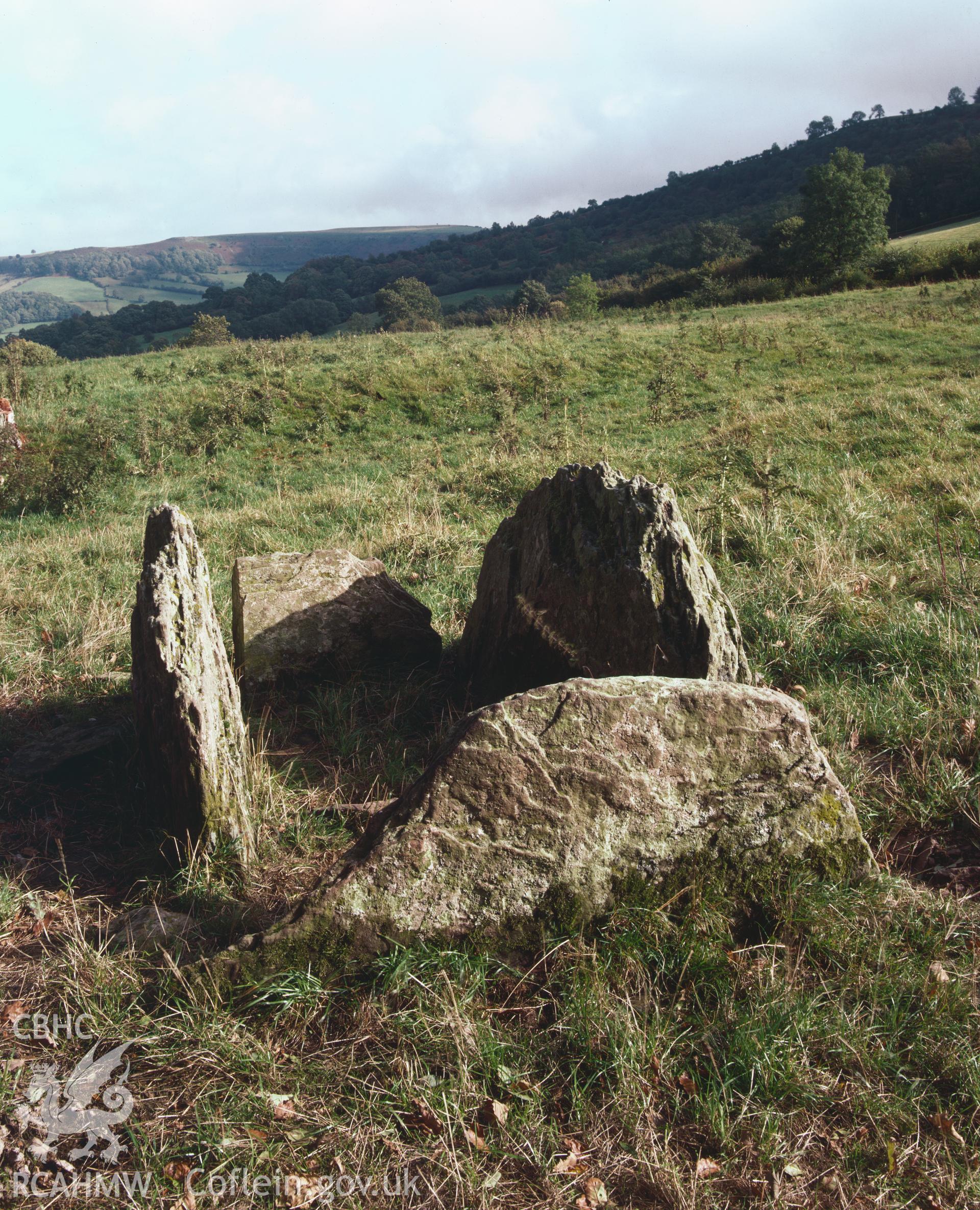 Colour transparency showing a view of Pen y Wyrlod Long Barrow, produced by Iain Wright, c.1981.