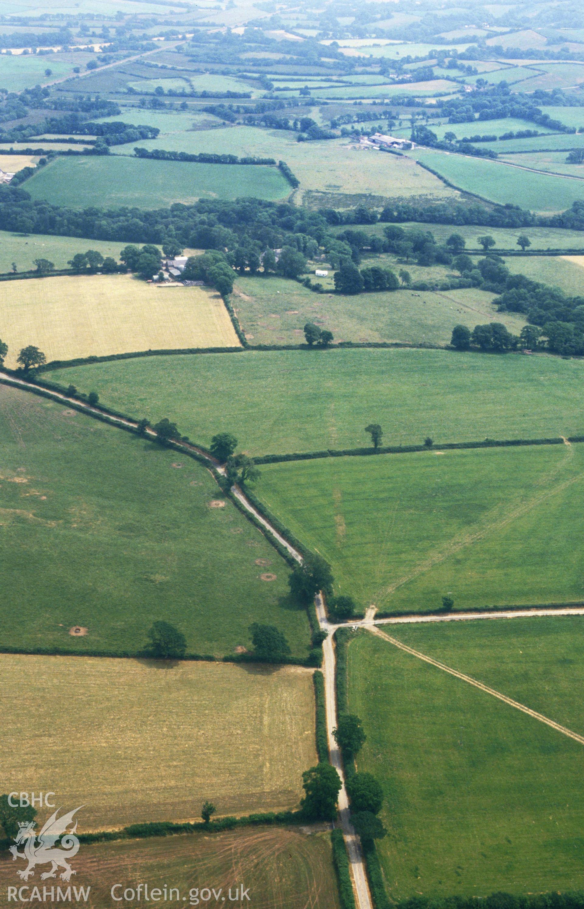 RCAHMW colour slide oblique aerial photograph of the Glan-rhyd section of the roman road west of Carmarthen, Clynderwen, taken on 29/06/1992 by CR Musson