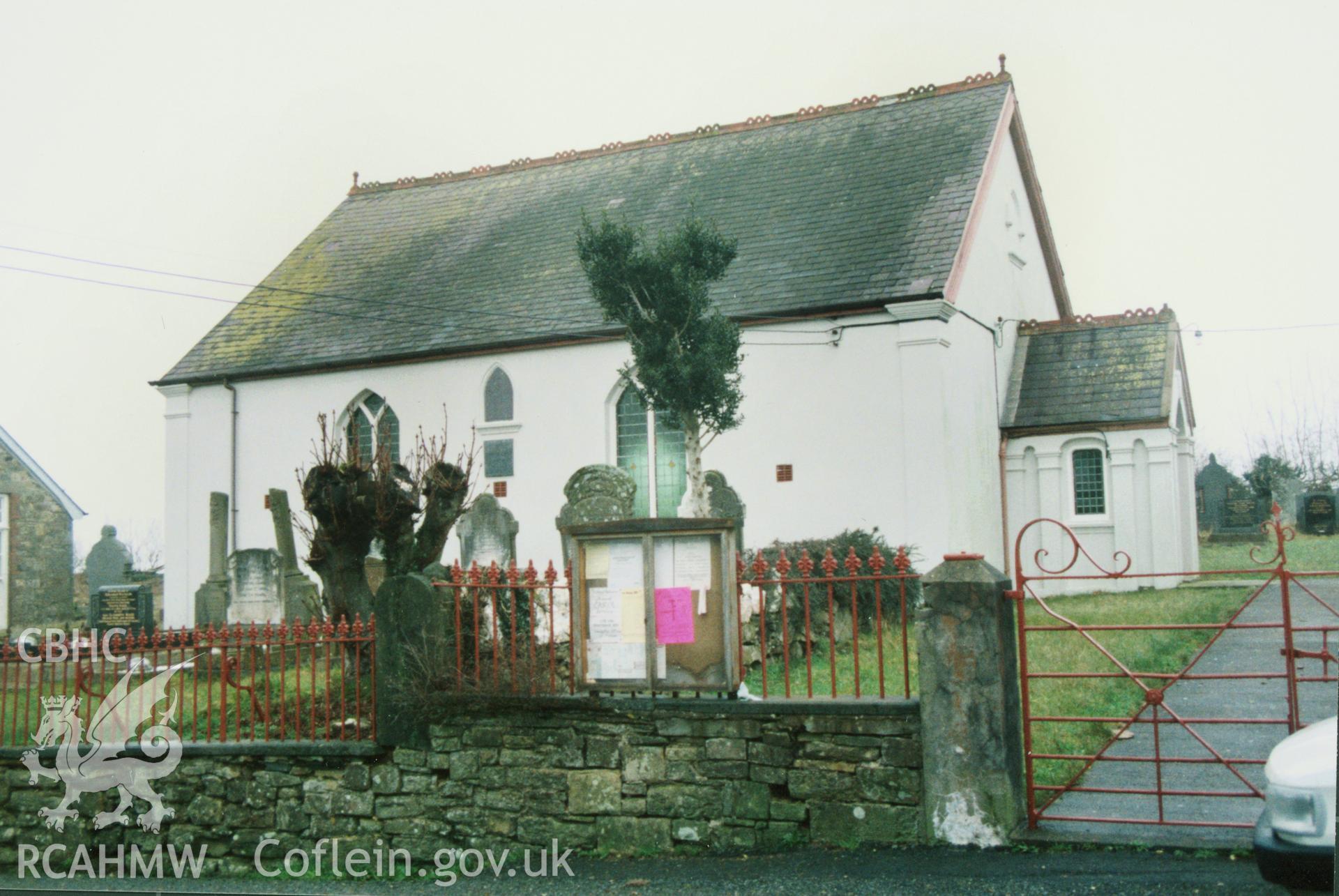 Digital copy of a colour photograph showing exterior view of Penffordd Calvinistic Methodist Chapel, Bletherston, taken by Robert Scourfield, 1996.