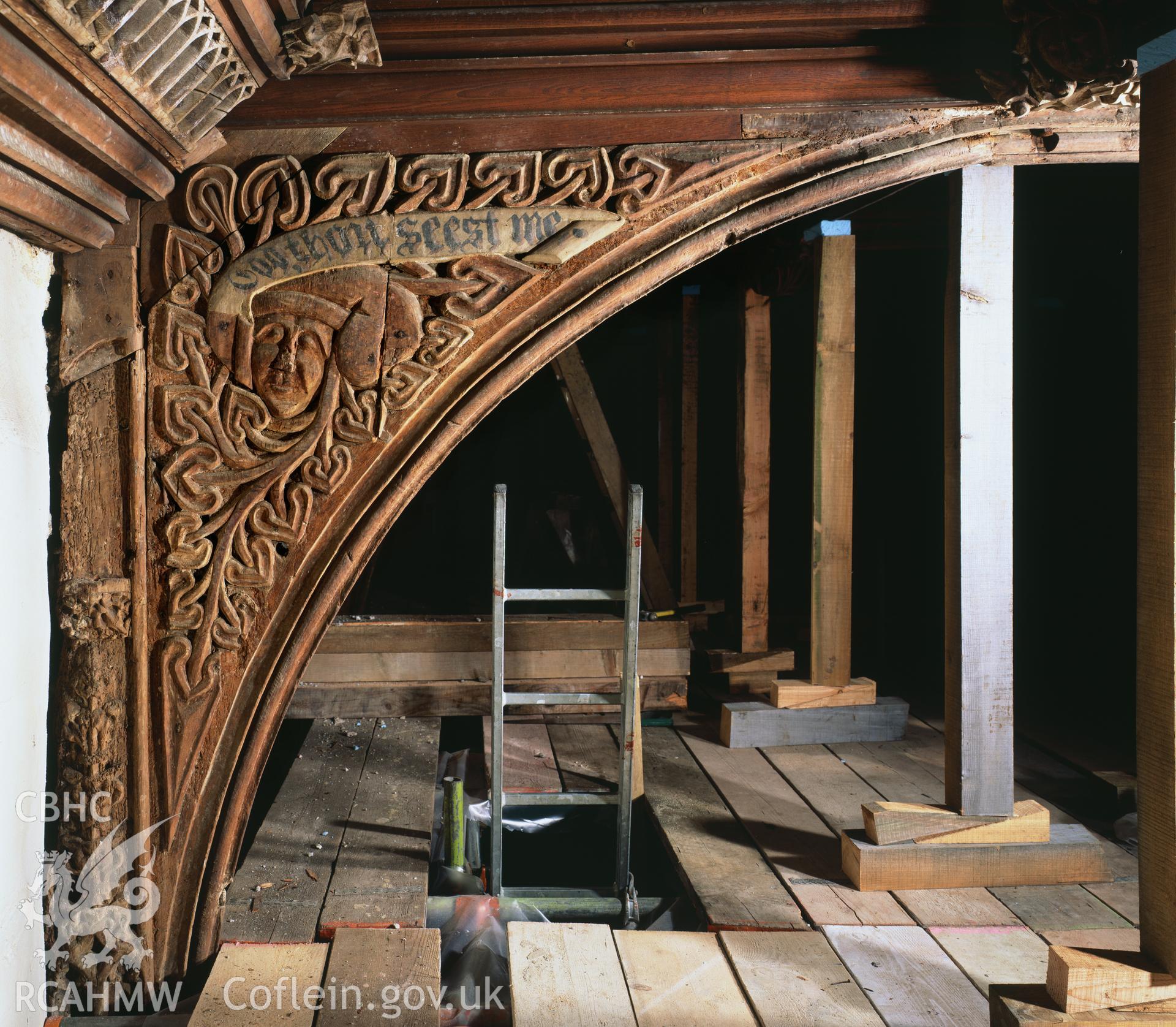 RCAHMW colour transparency showing spandrel at St Mary's Church, Haverfordwest.