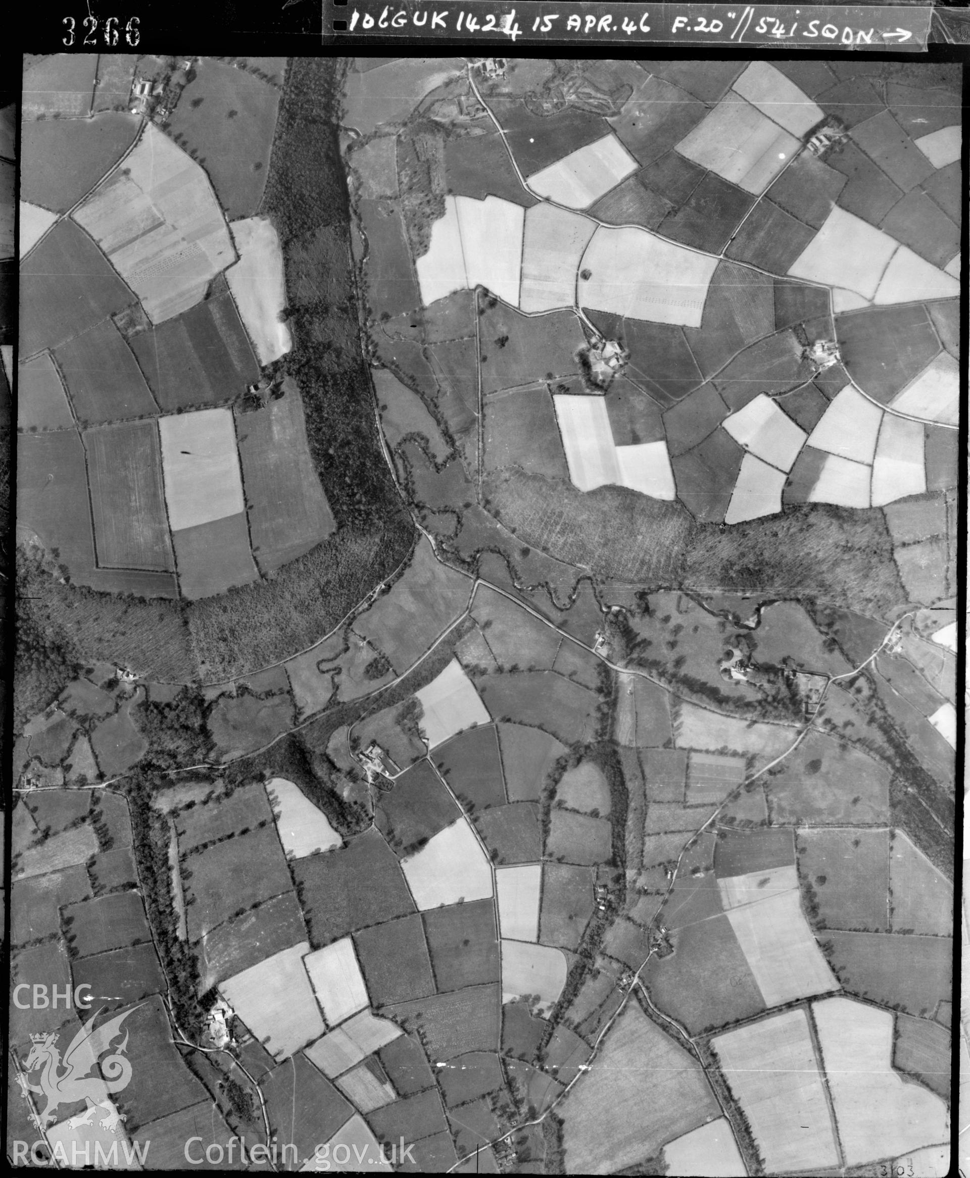 Black and white vertical aerial photograph taken by the RAF on 15/04/1946 centred on SN25653843 at a scale of 1:10000. The photograph includes part of Clydau community in Pembrokeshire.