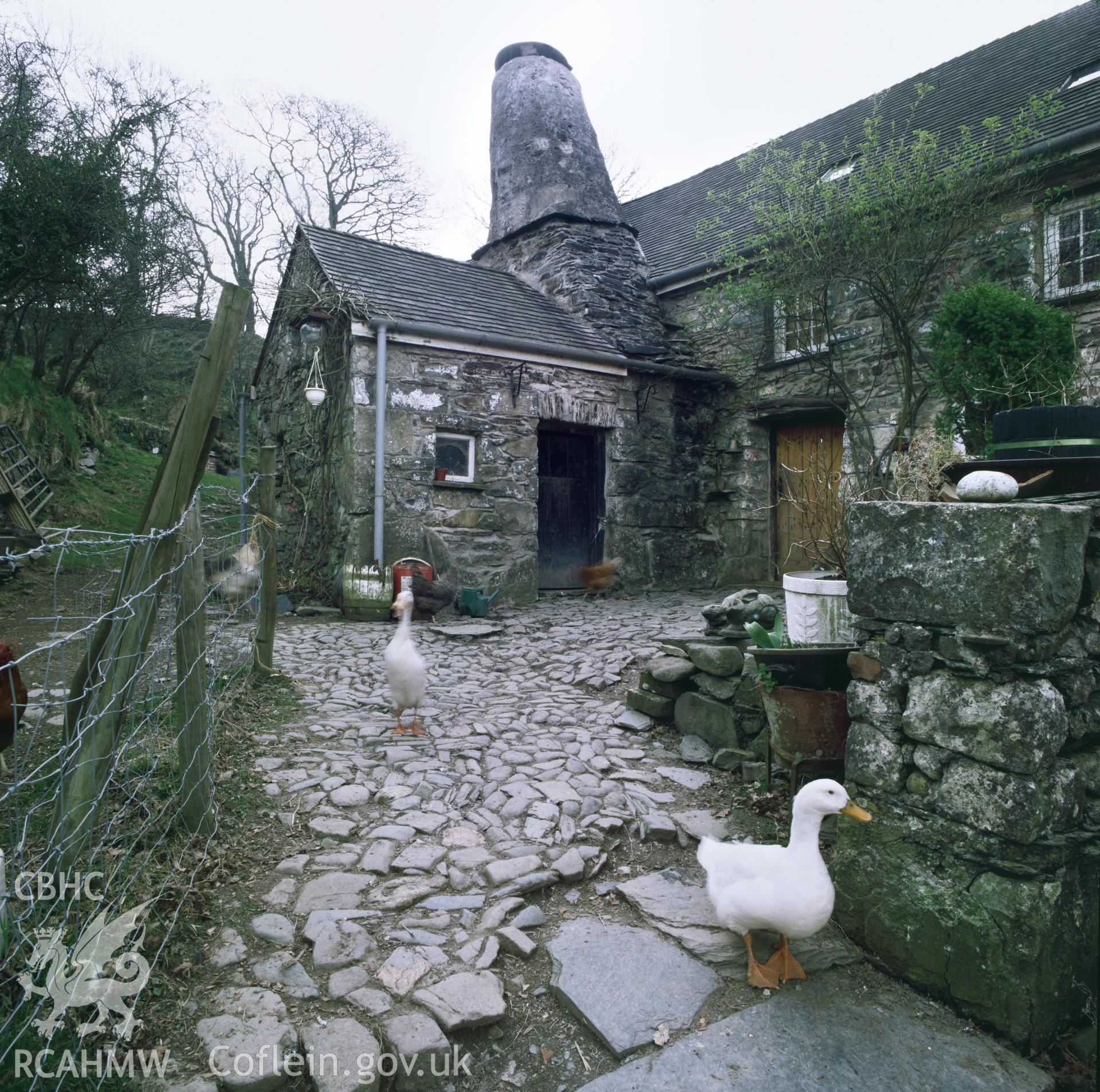 Colour transparency showing a view of Garn Farmhouse, Llanychaer, produced by Fleur James, c.1986.