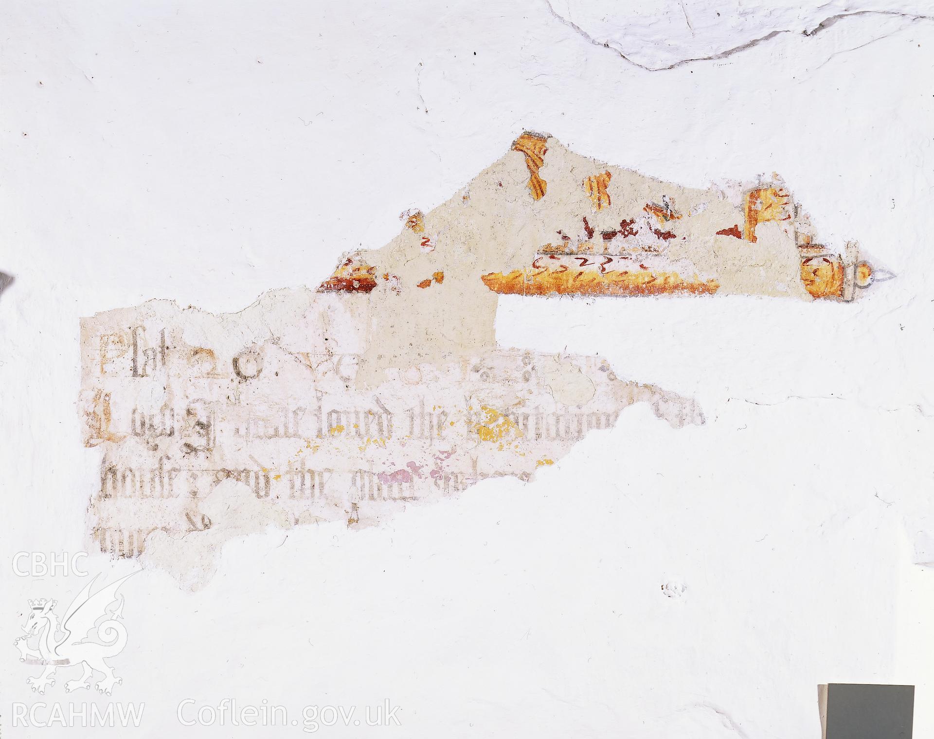 RCAHMW colour transparency showing  view of memento mori wallpainting at St Celynin's Church, Llangelynin.