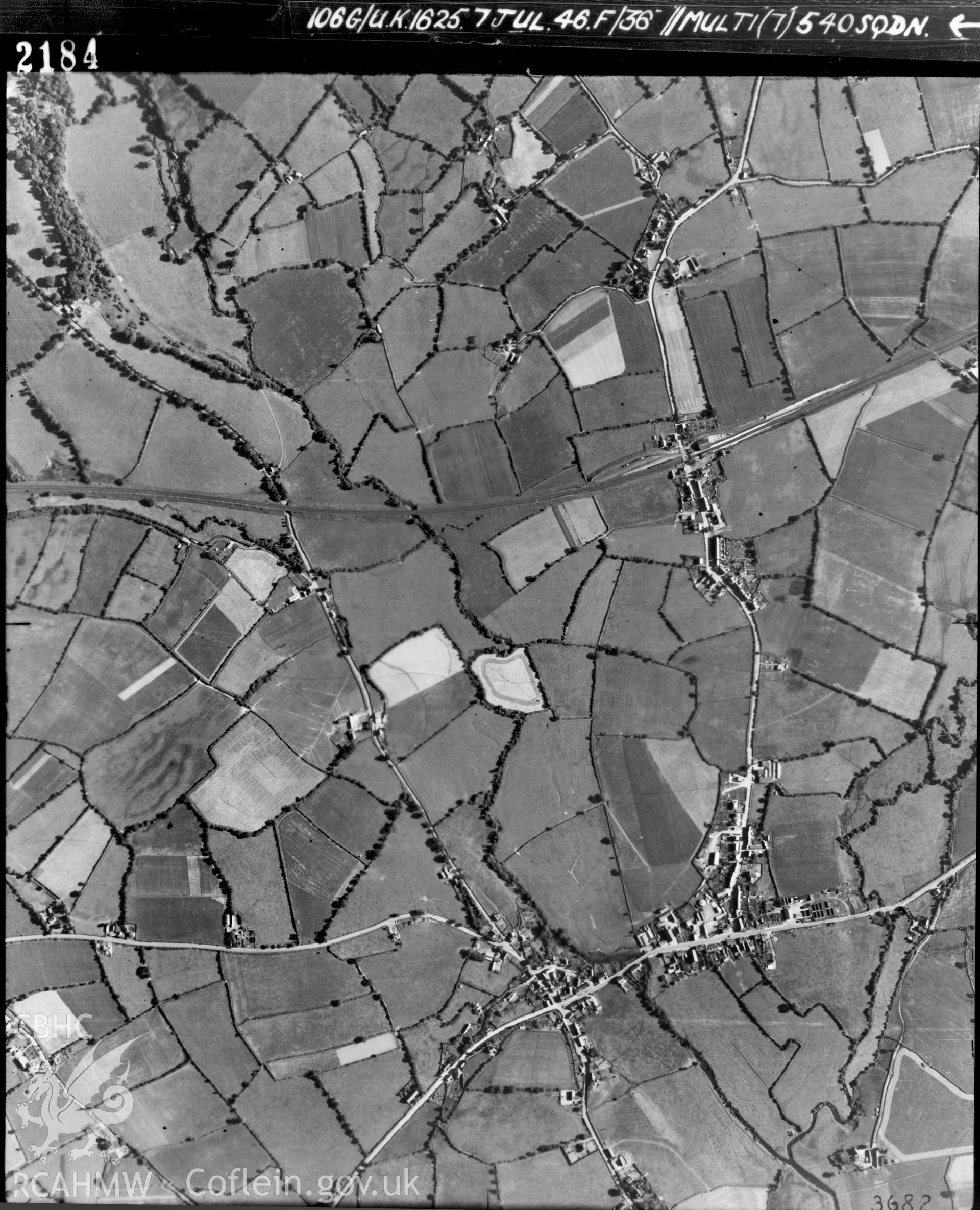 Black and white vertical aerial photograph taken by the RAF on 07/07/1946 centred on SN27901716 at a scale of 1:10000. The photograph includes part of St Clears community in Carmarthenshire.