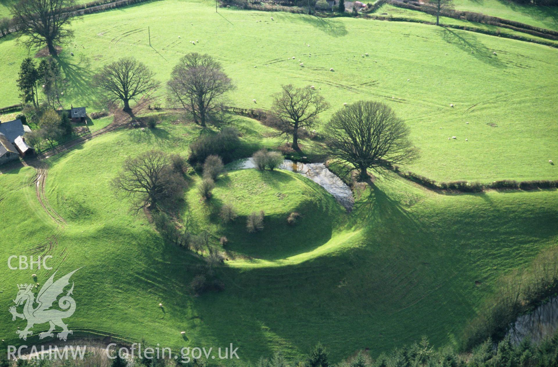 Slide of RCAHMW colour oblique aerial photograph of Sycharth Castle, Llansilin, taken by C.R. Musson, 1993.