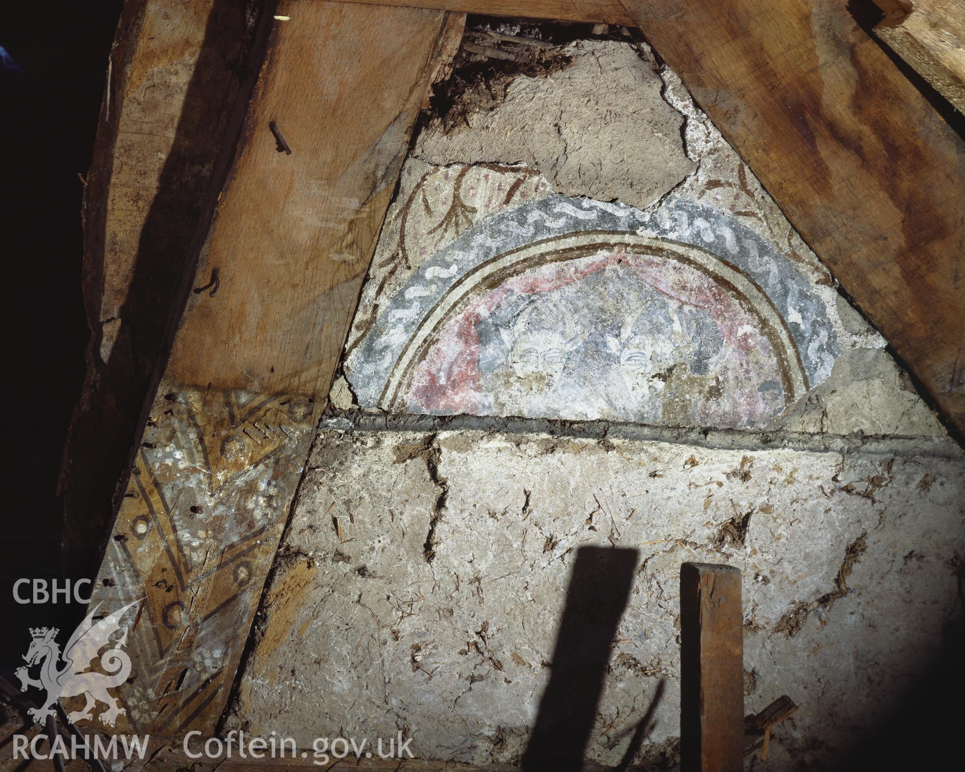 RCAHMW colour transparency showing a view of wall painting in George and Dragon, Beaumaris.