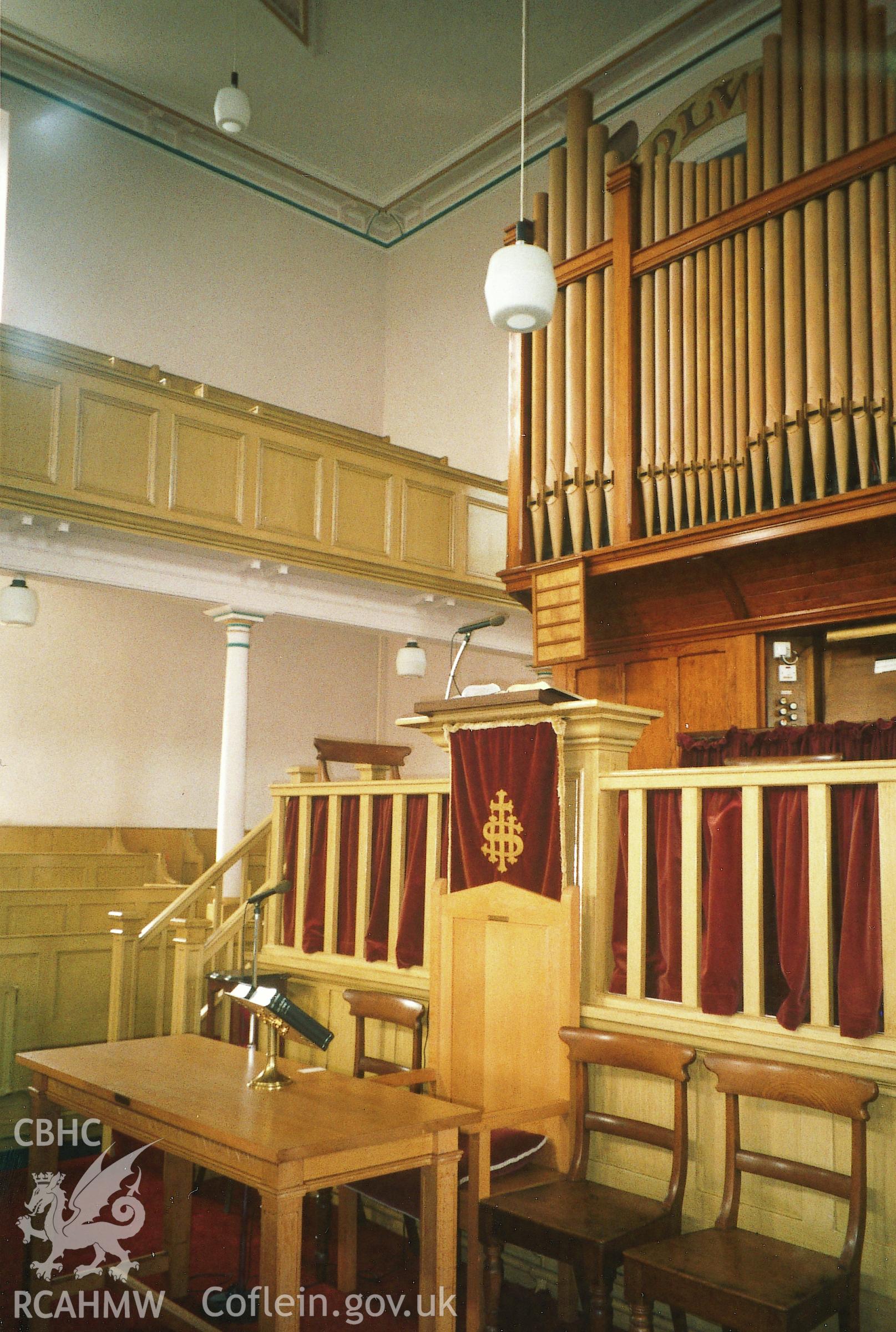 Digital copy of a colour photograph showing an interior view of Ebenezer Independent Chapel, Newport,  taken by Robert Scourfield, 1995.