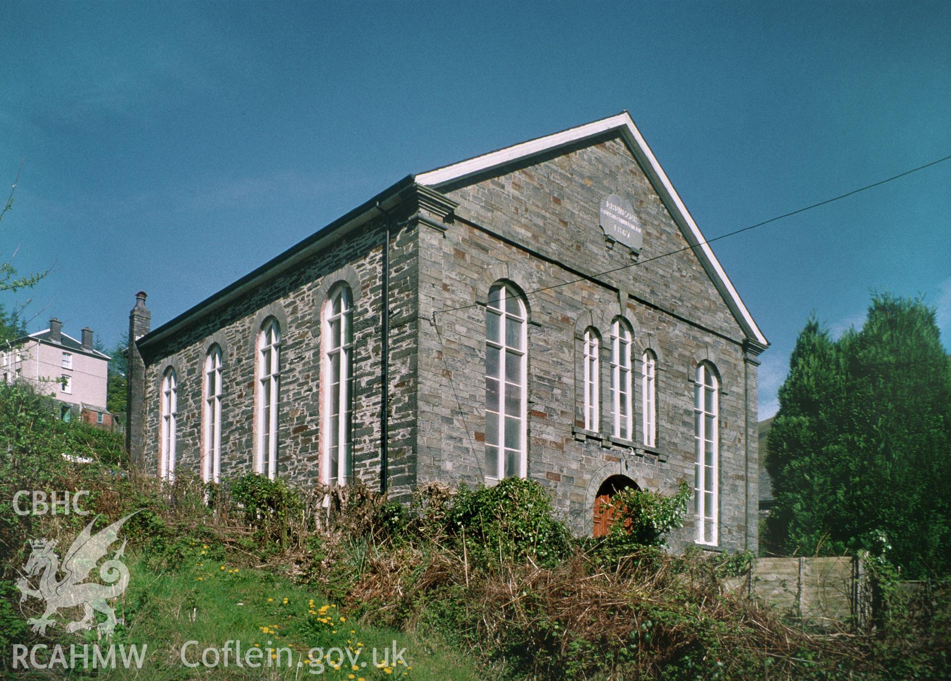 Digitised image copied from a colour slide of Ebeneser Welsh Independent Chapel, Dinas Mawddwy,  taken by Stephen Hughes. Slide collection not yet passed to the Archive