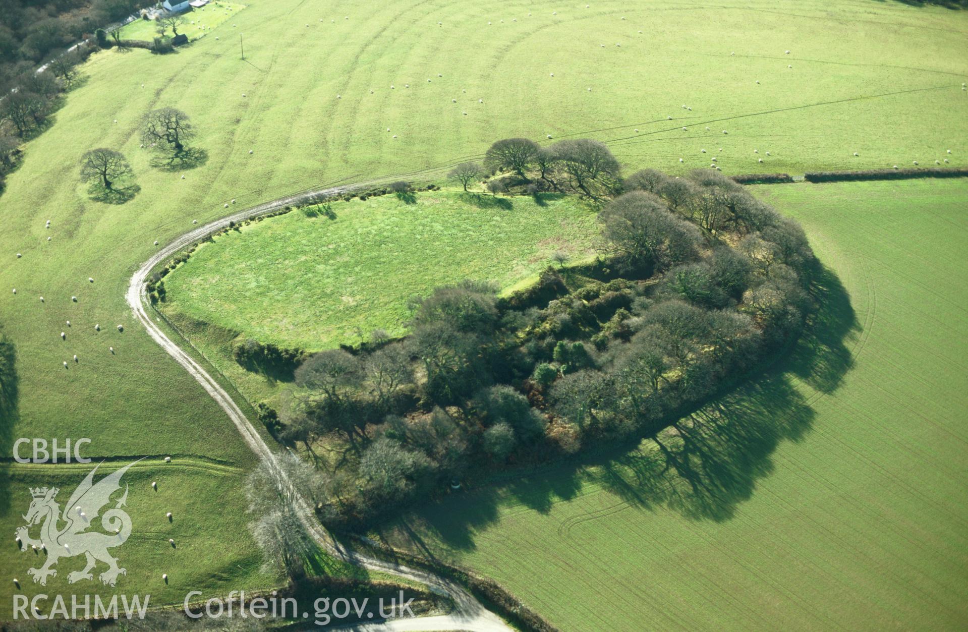 RCAHMW colour slide oblique aerial photograph of Castell Cymmer; Castell Rhyd-y-brwyn, New Moat, taken by C.R.Musson on the 07/02/1997