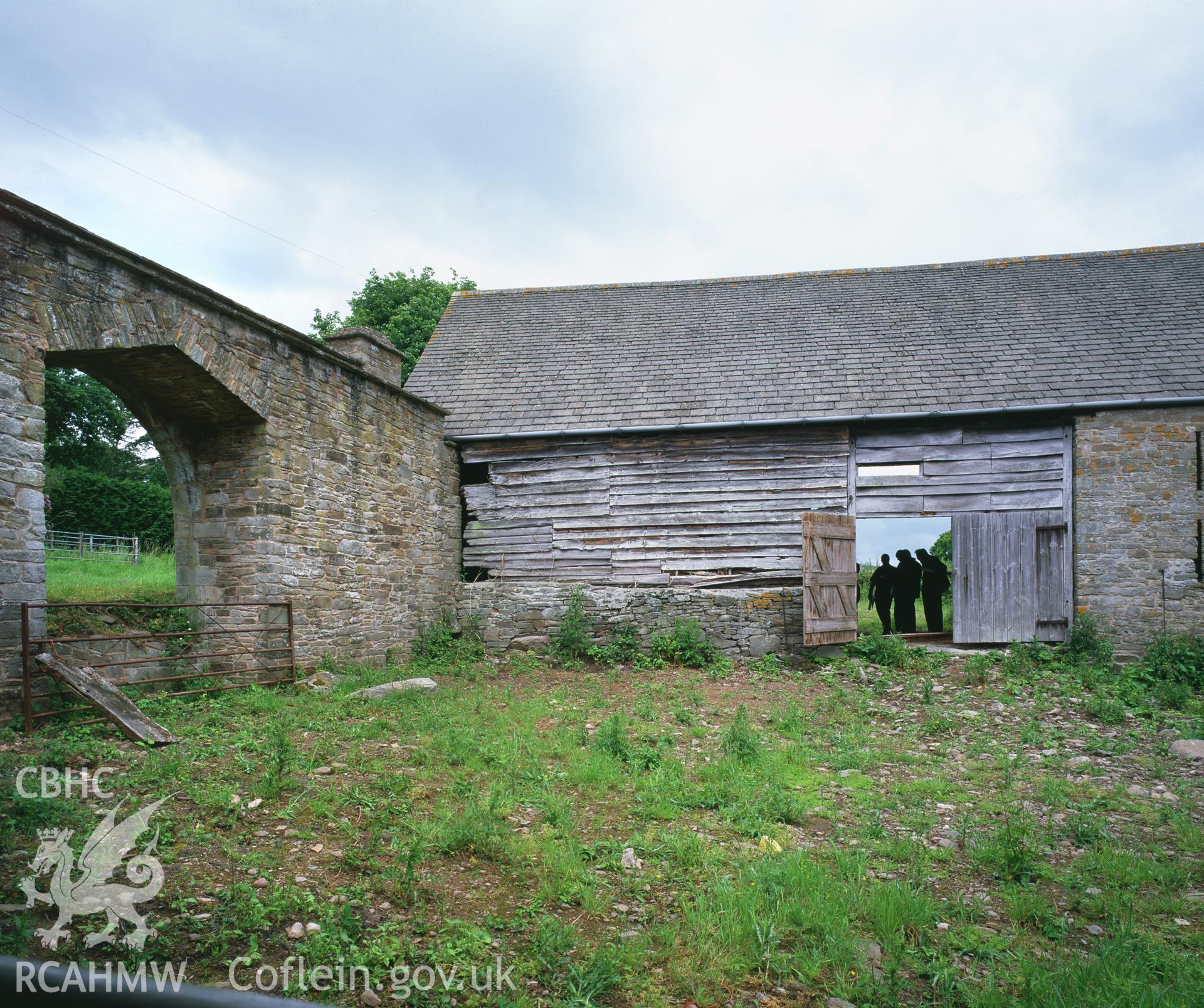 RCAHMW colour transparency showing an exterior view of the barn at Clyro Court Farm, taken by Fleur James, August 2003