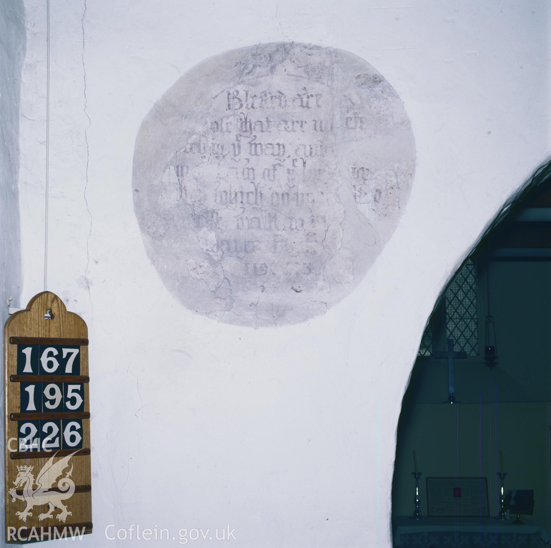 RCAHMW colour transparency showing wallpainting at Eglwys Brewis Church, taken by Iain Wright, 2003