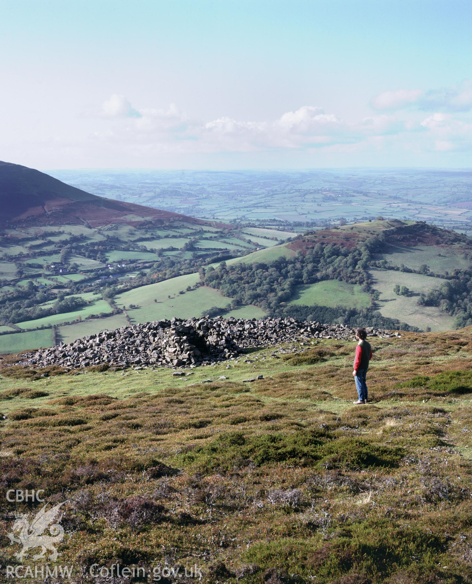 Colour transparency showing a view of cairn at Pen Trumau, produced by Iain Wright, c.1981.