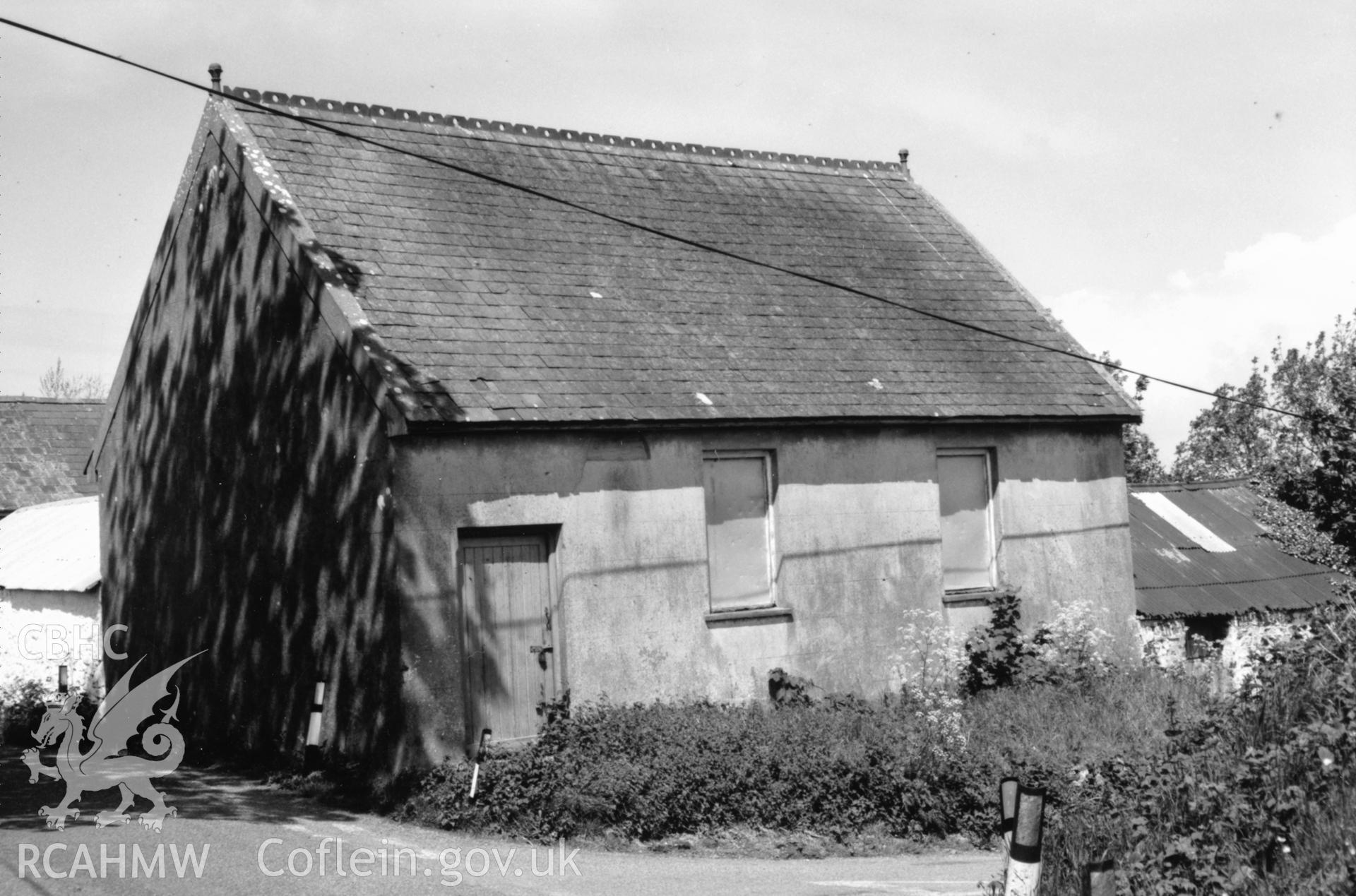 Digital copy of a black and white photograph showing an exterior view of Portfield Wesleyan Methodist Chapel, taken by Robert Scourfield, 1996.