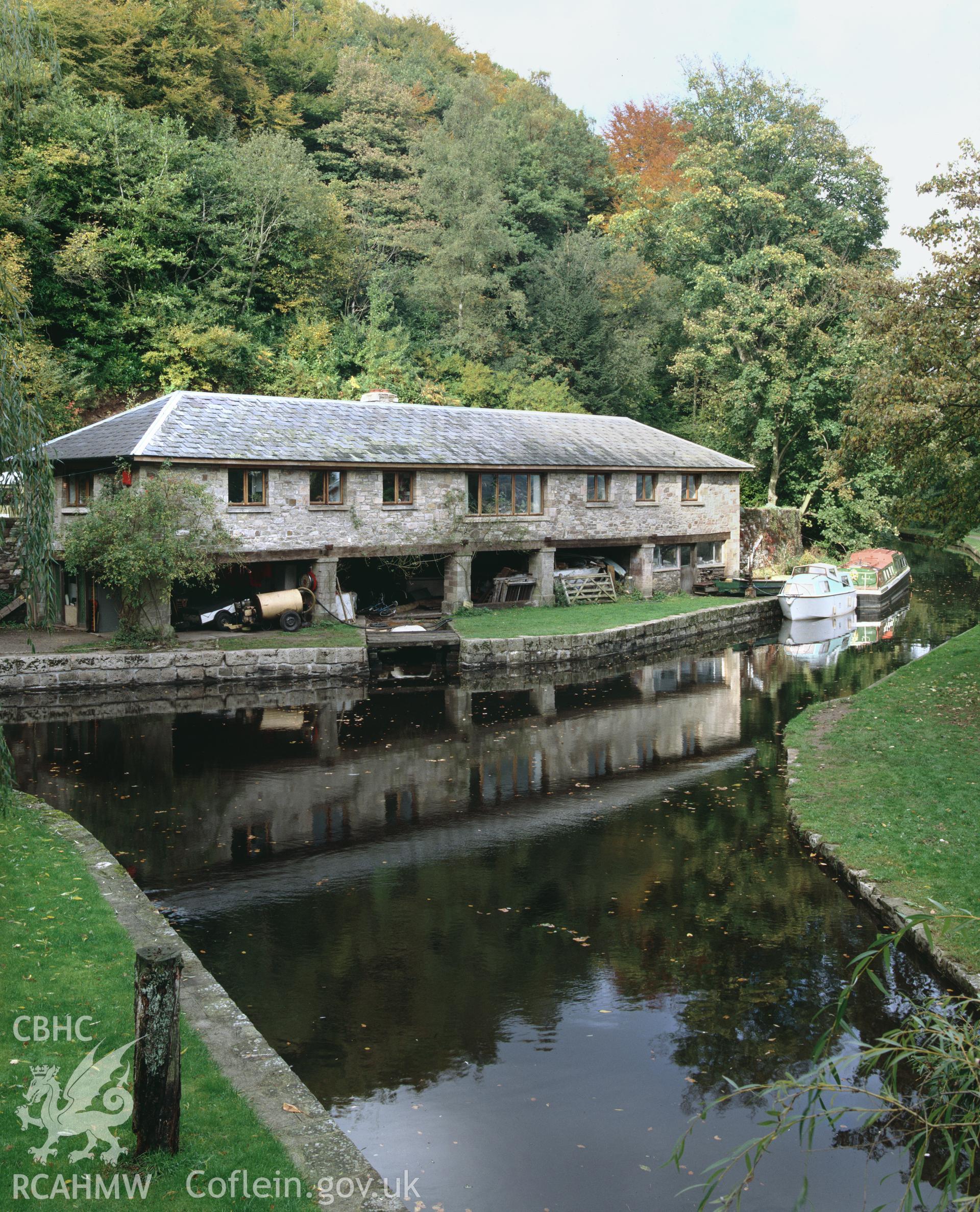 Colour transparency showing a view of the warehouse at Llanfoist, on the Brecon Monmouth Canal, produced by Iain Wright c.1990