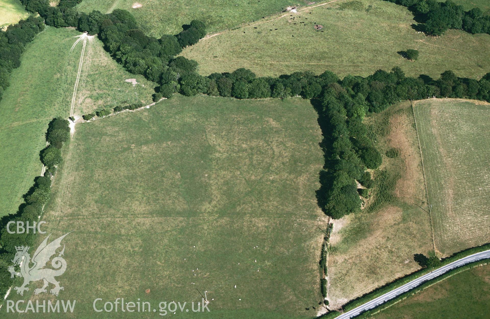 RCAHMW colour slide oblique aerial photograph of cropmark enclosure SE of Brechfa, Maenclochog, taken by C.R.Musson on the 25/07/1996