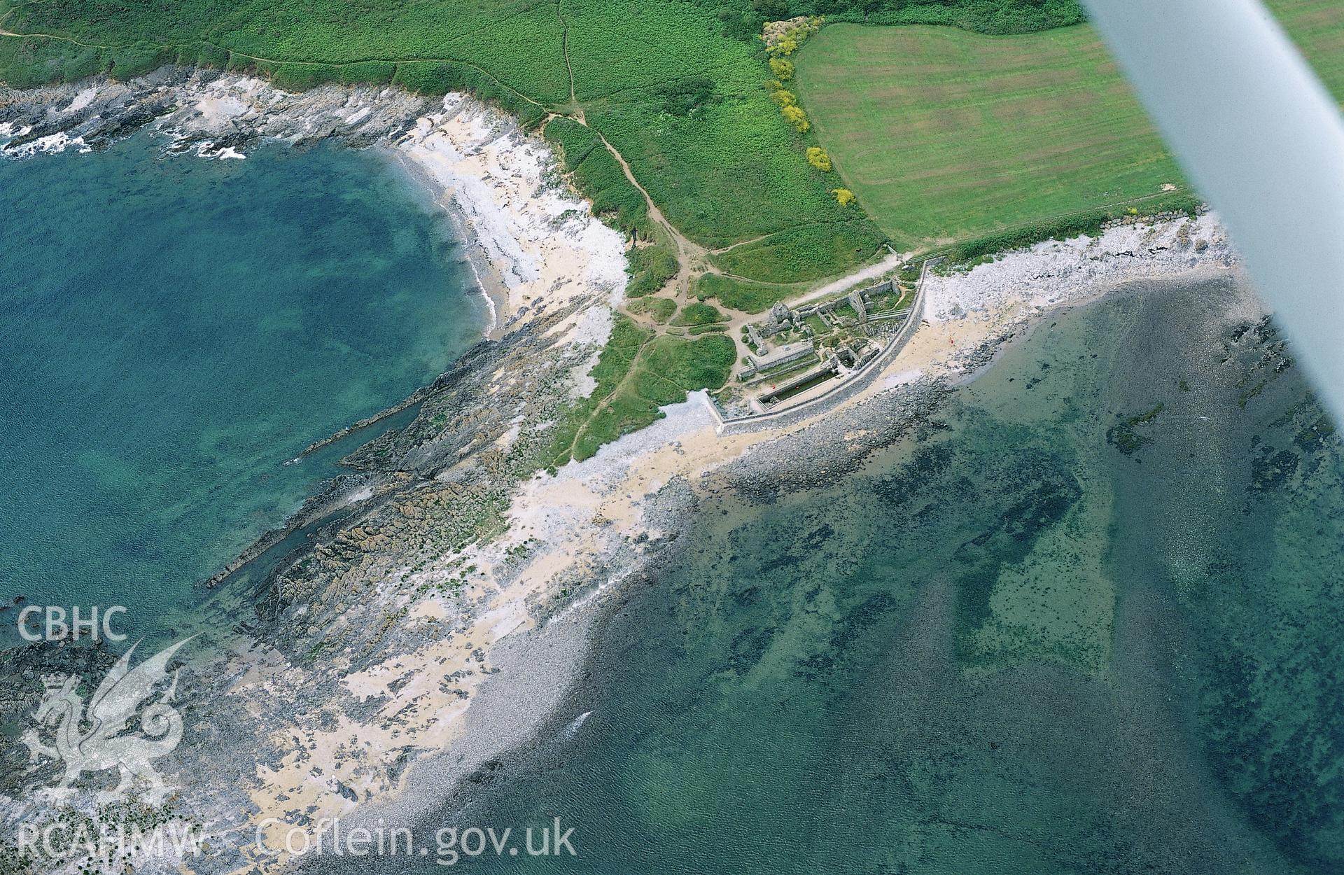 Slide of RCAHMW colour oblique aerial photograph of  Port Eynon Saltworks, taken by Toby Driver, 2002.