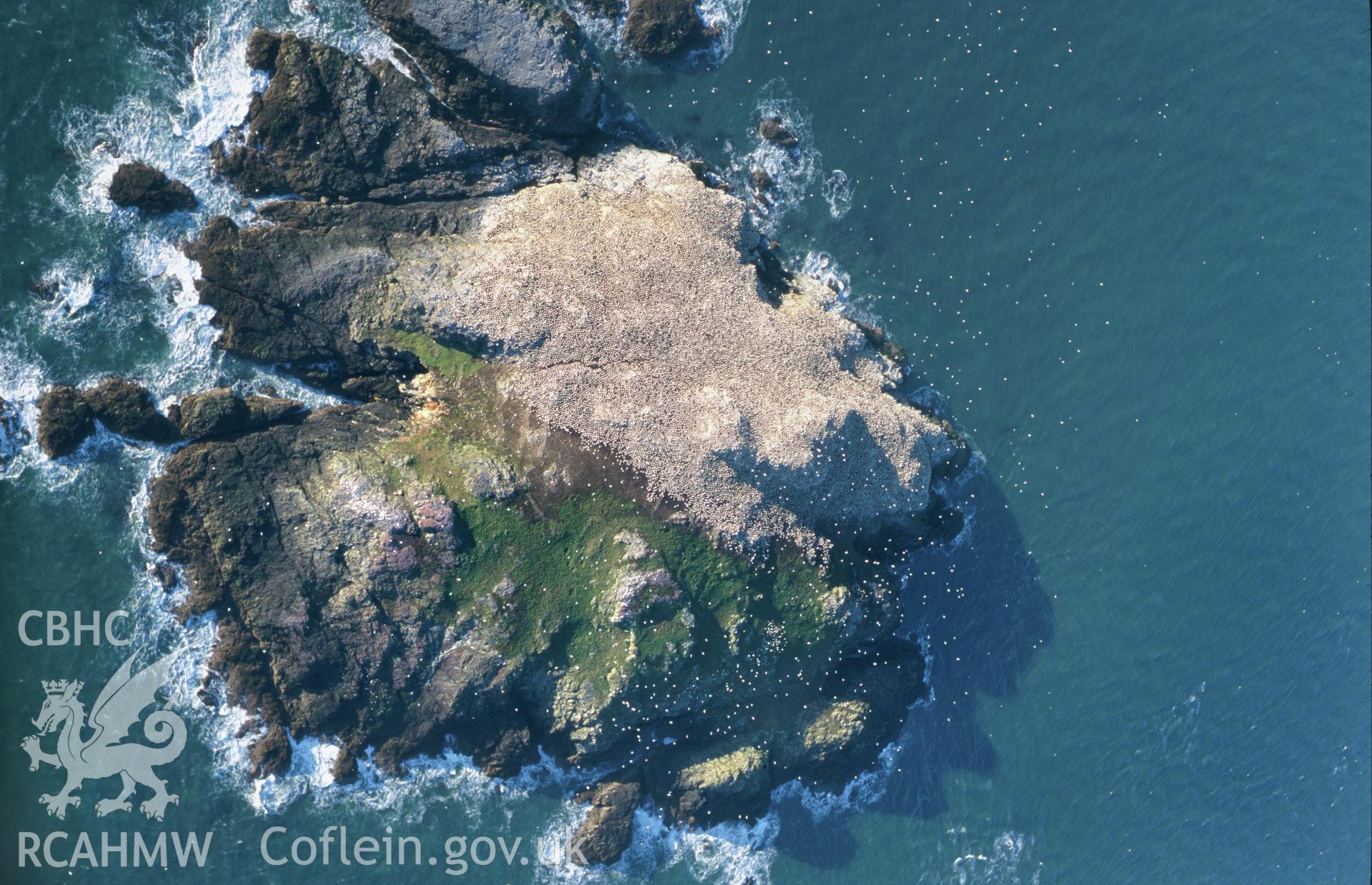 Slide of RCAHMW colour oblique aerial photograph of Grassholm Island, taken by T.G. Driver, 2001.