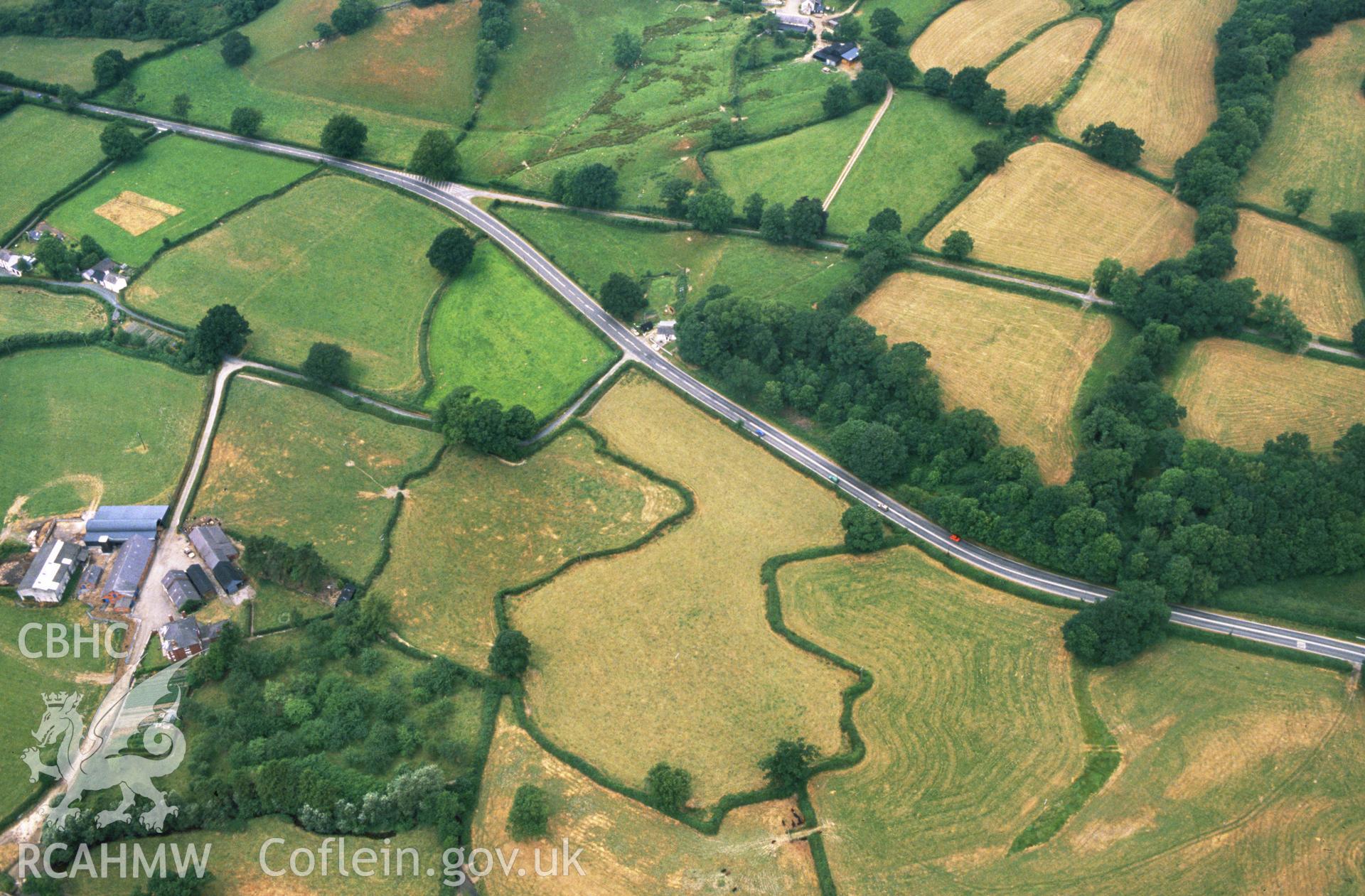 RCAHMW colour slide oblique aerial photograph of a segment of the Tywi Valley Roman Road east of Llanwrda, taken on 02/07/1992 by CR Musson